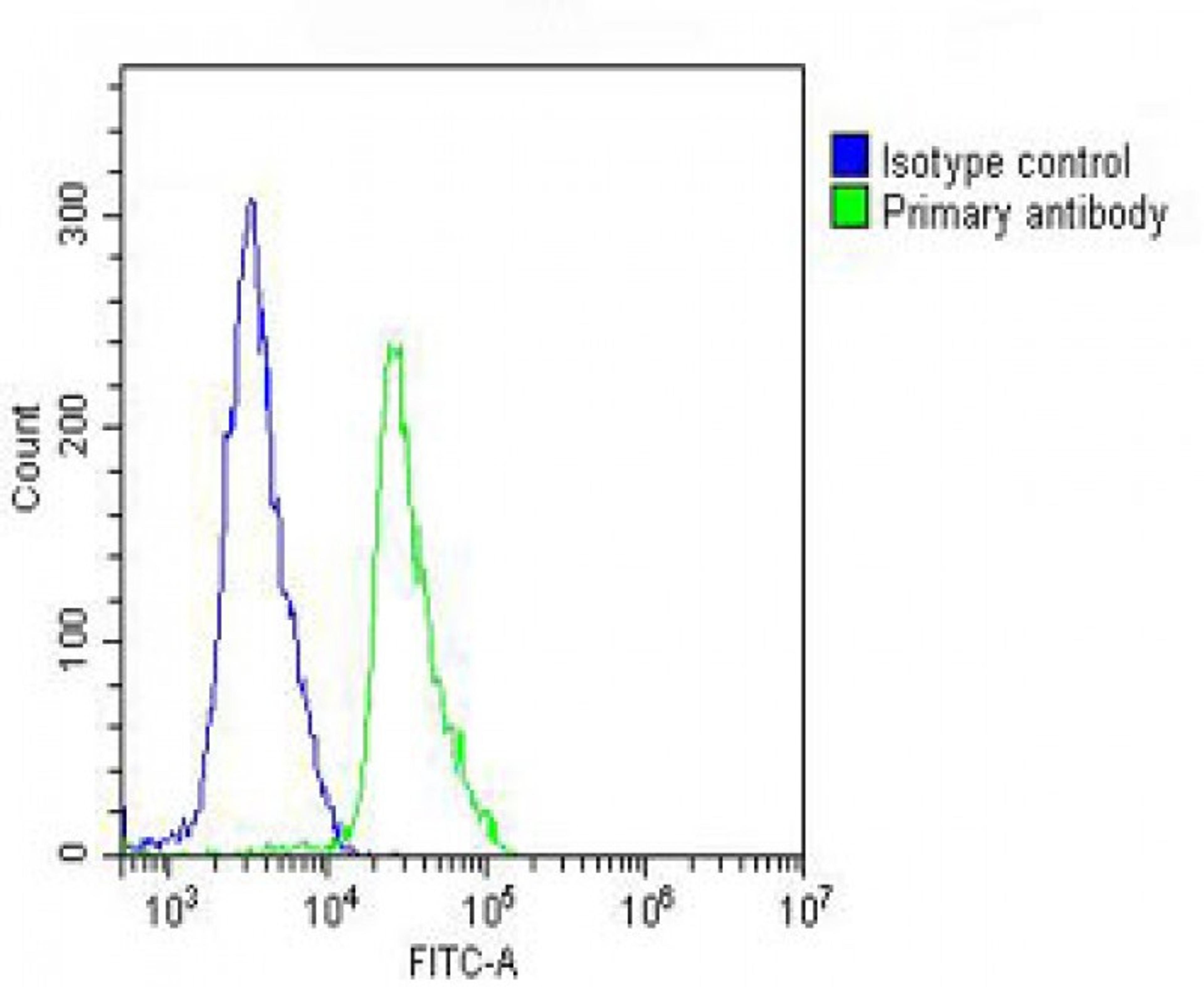 Overlay histogram showing Jurkat cells stained with Antibody (green line). The cells were fixed with 2% paraformaldehyde (10 min). The cells were then icubated in 2% bovine serum albumin to block non-specific protein-protein interactions followed by the a