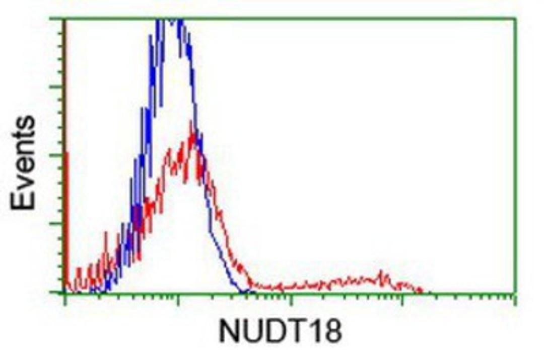 Flow Cytometry: NUDT18 Antibody (5D7) [NBP2-01432] - HEK293T cells transfected with either overexpression plasmid (Red) or empty vector control plasmid (Blue) were immunostained by anti-NUDT18 antibody, and then analyzed by flow cytometry.