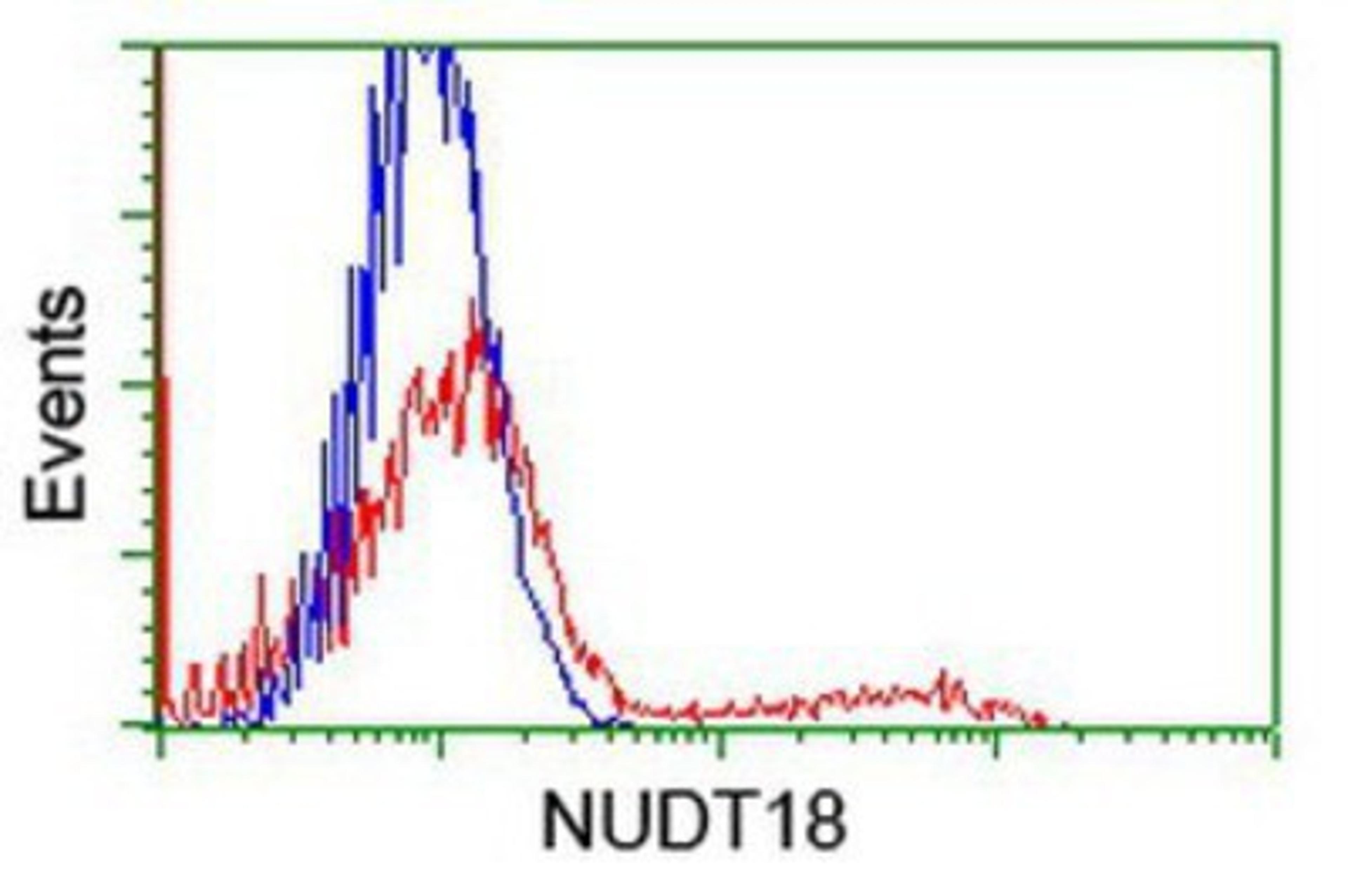 Flow Cytometry: NUDT18 Antibody (5D7) [NBP2-01432] - HEK293T cells transfected with either overexpression plasmid (Red) or empty vector control plasmid (Blue) were immunostained by anti-NUDT18 antibody, and then analyzed by flow cytometry.