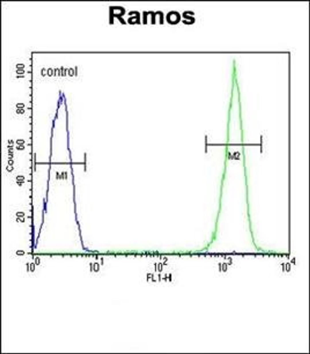 Flow cytometric analysis of Ramos cells using CMTM7 antibody (primary antibody dilution at: 1:10-50)