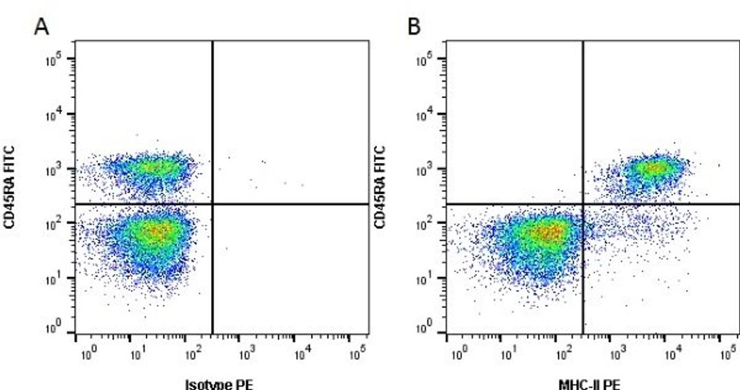 Figure A. Mouse anti Rat CD45RA. Figure B. Rat anti Mouse CD45RA and Mouse anti Rat MHC-II. 