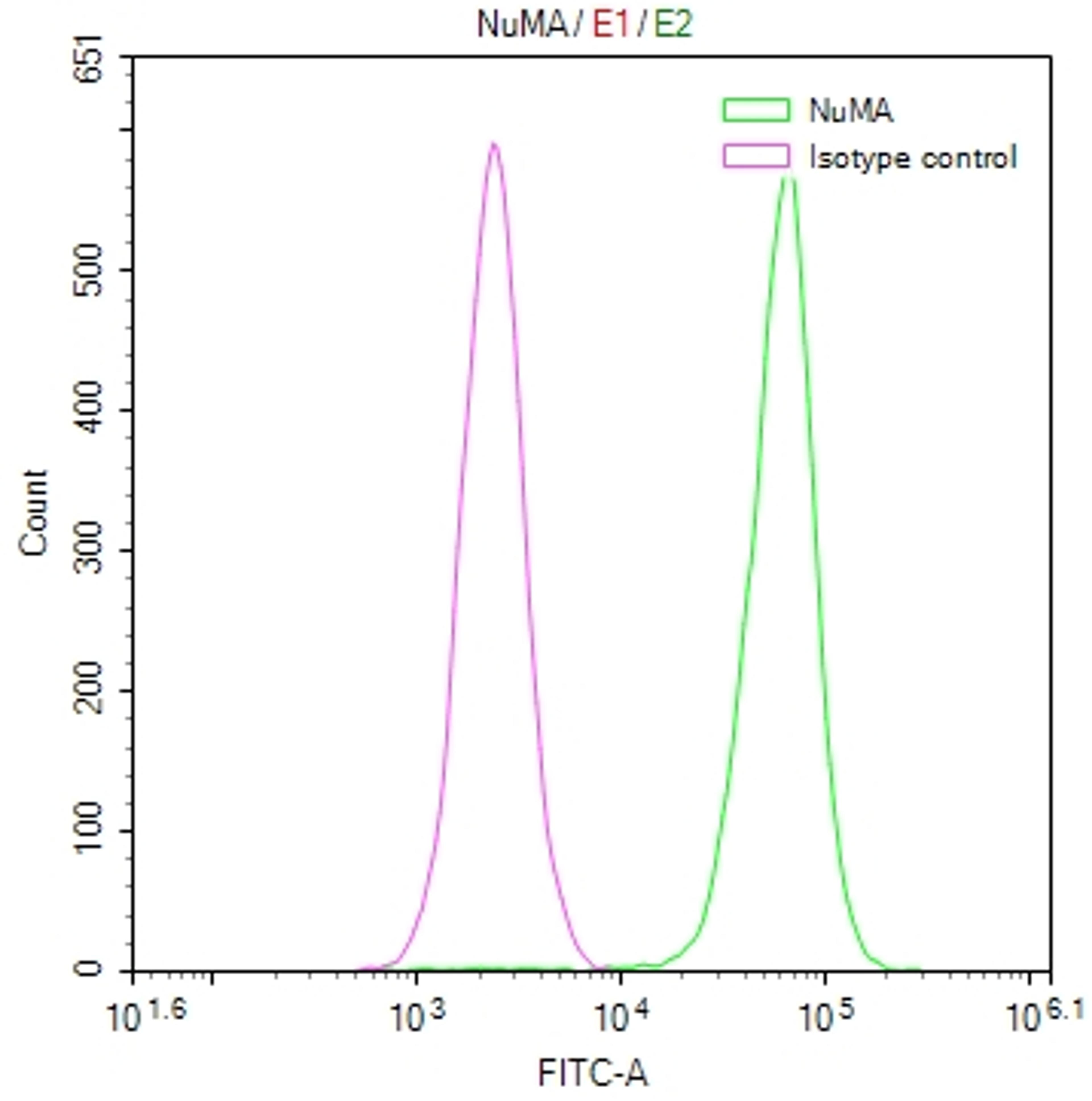 Overlay Peak curve showing Hela cells stained with CSB-RA182340A0HU (red line) at 1:50. The cells were fixed in 4% formaldehyde and permeated by 0.2% TritonX-100. Then 10% normal goat serum to block non-specific protein-protein interactions followed by the antibody (1µg/1*10<sup>6</sup>cells) for 45min at 4℃. The secondary antibody used was FITC-conjugated Goat Anti-rabbit IgG(H+L) at 1:200 dilution for 35min at 4℃.Control antibody (green line) was rabbit IgG (1µg/1*10<sup>6</sup>cells) used under the same conditions. Acquisition of >10,000 events was performed.
