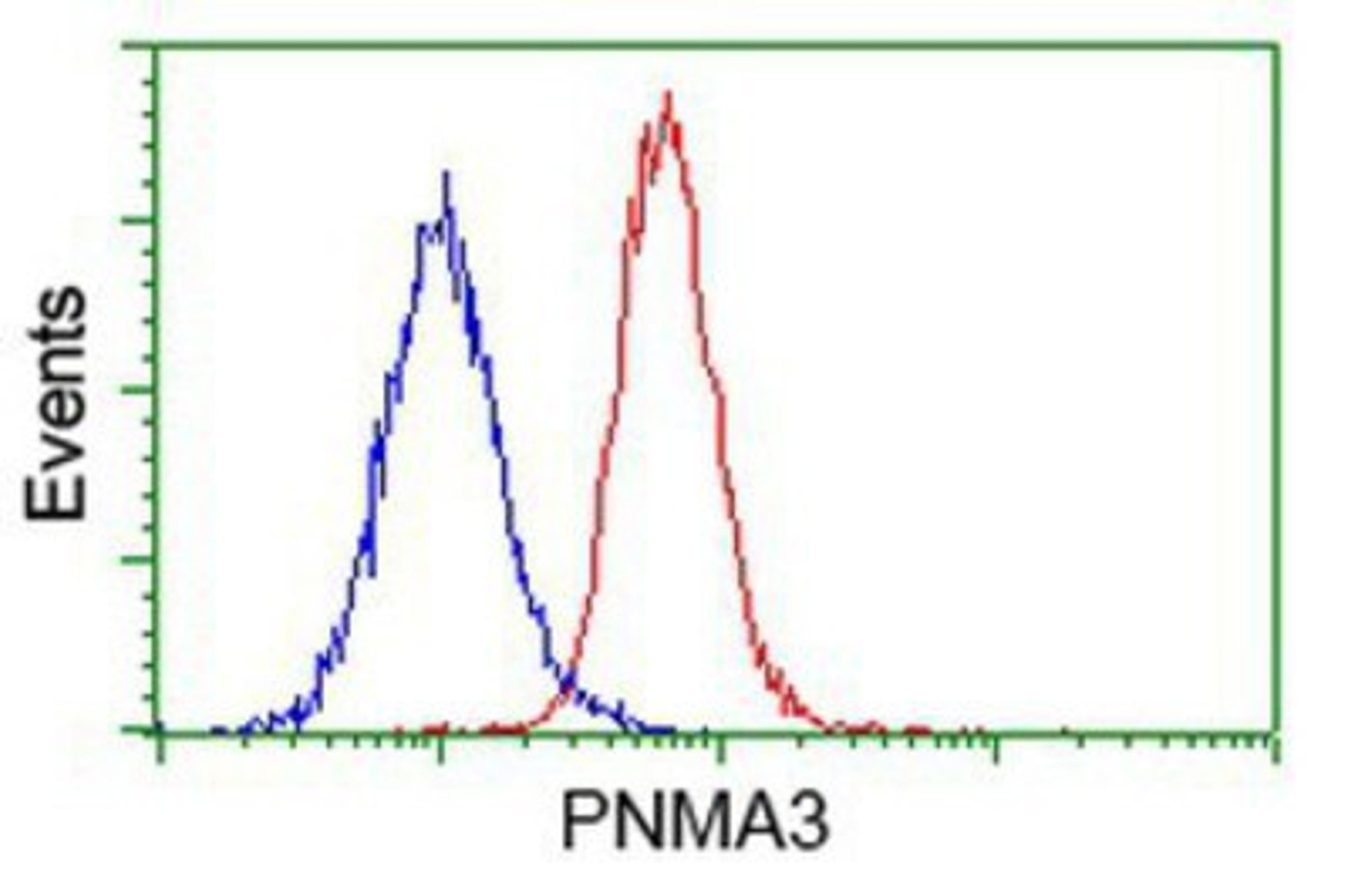 Flow Cytometry: PNMA3 Antibody (1C3) [NBP2-03547] - Analysis of Hela cells, using anti-PNMA3 antibody, (Red), compared to a nonspecific negative control antibody (Blue).