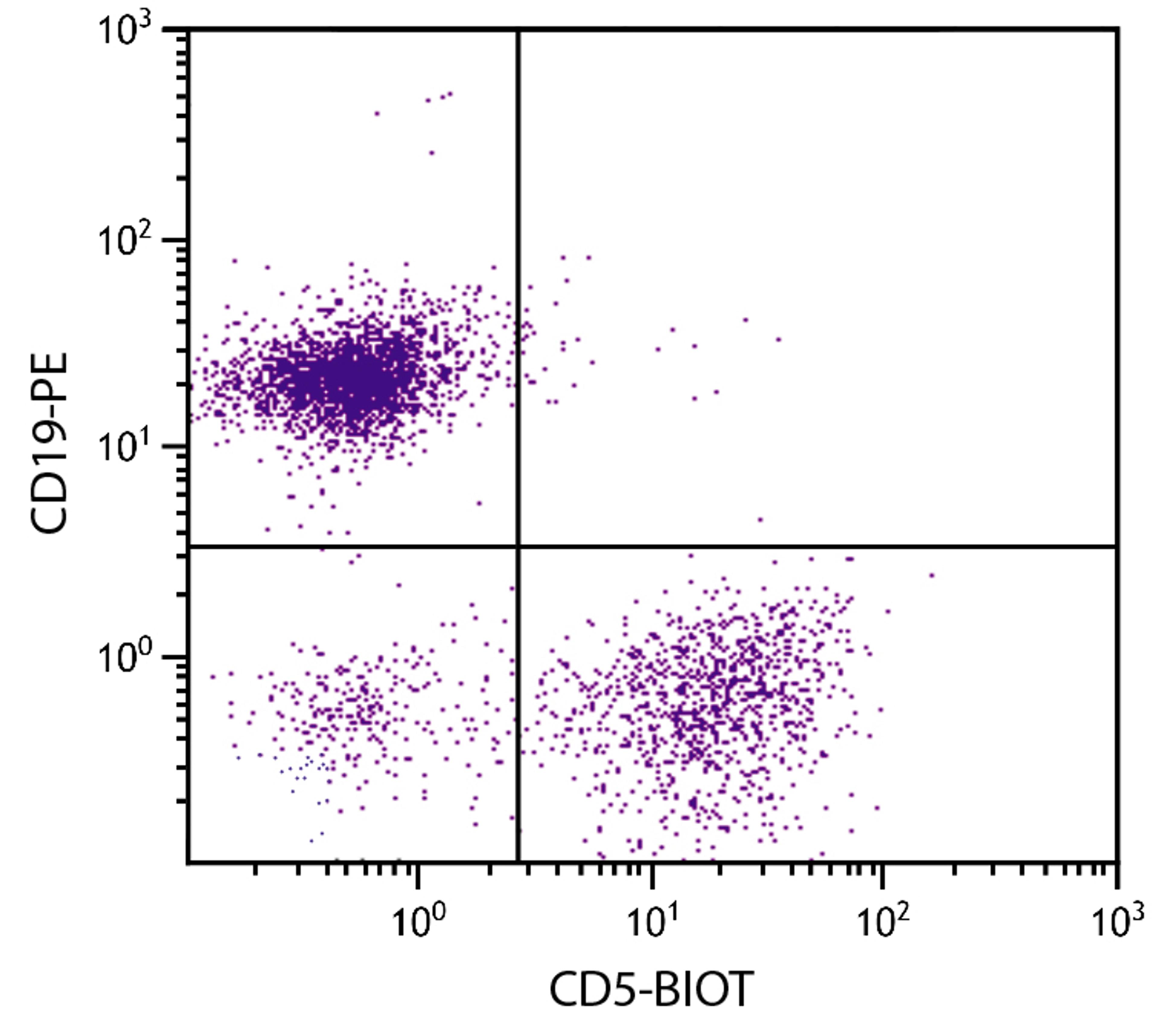 BALB/c mouse splenocytes were stained with Rat Anti-Mouse CD5-BIOT (Cat. No. 98-610) and Rat Anti-Mouse CD19-PE followed by Streptavidin-FITC .