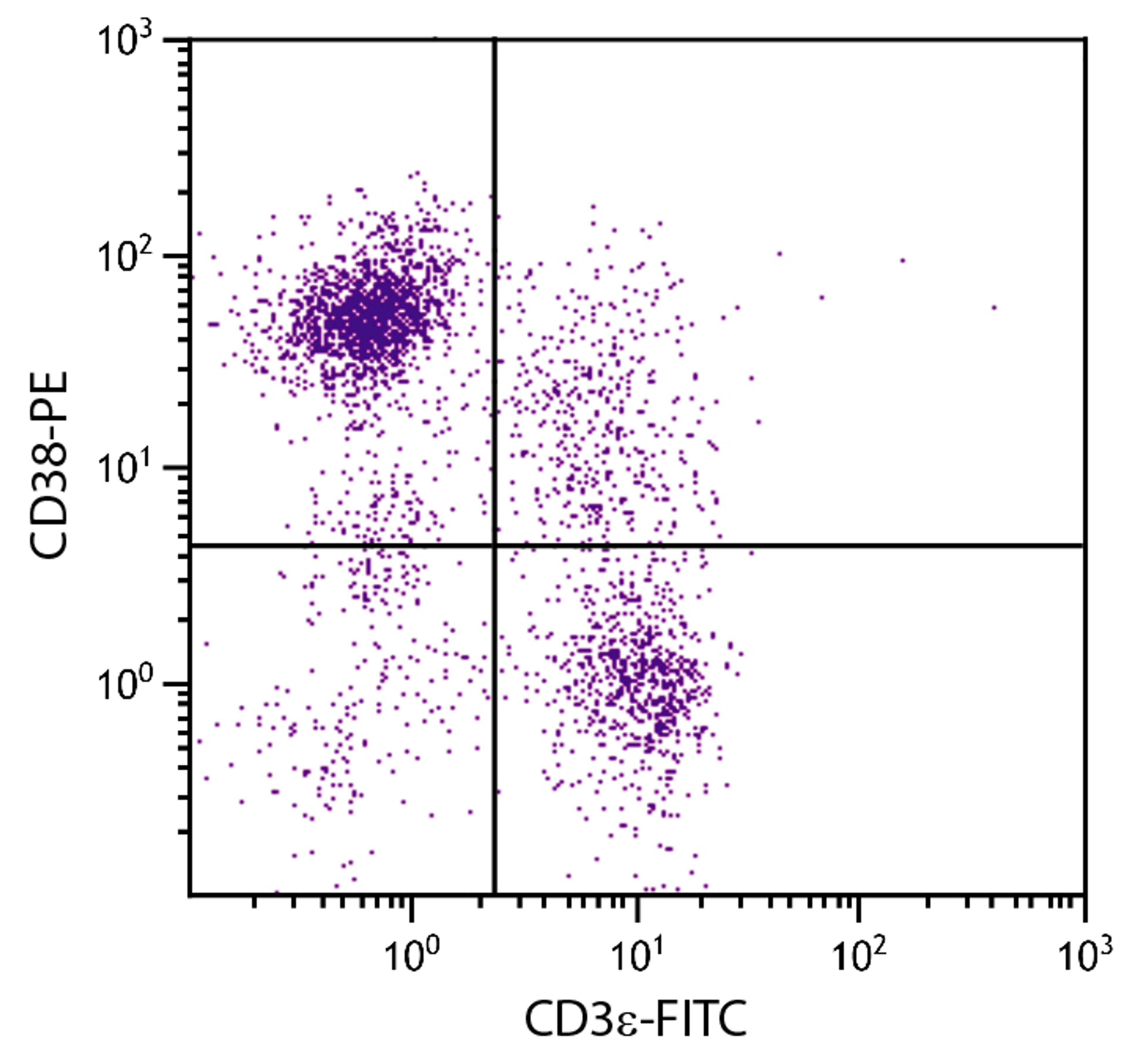 BALB/c mouse splenocytes were stained with Rat Anti-Mouse CD38-PE (Cat. No. 98-758) and Rat Anti-Mouse CD3?-FITC .