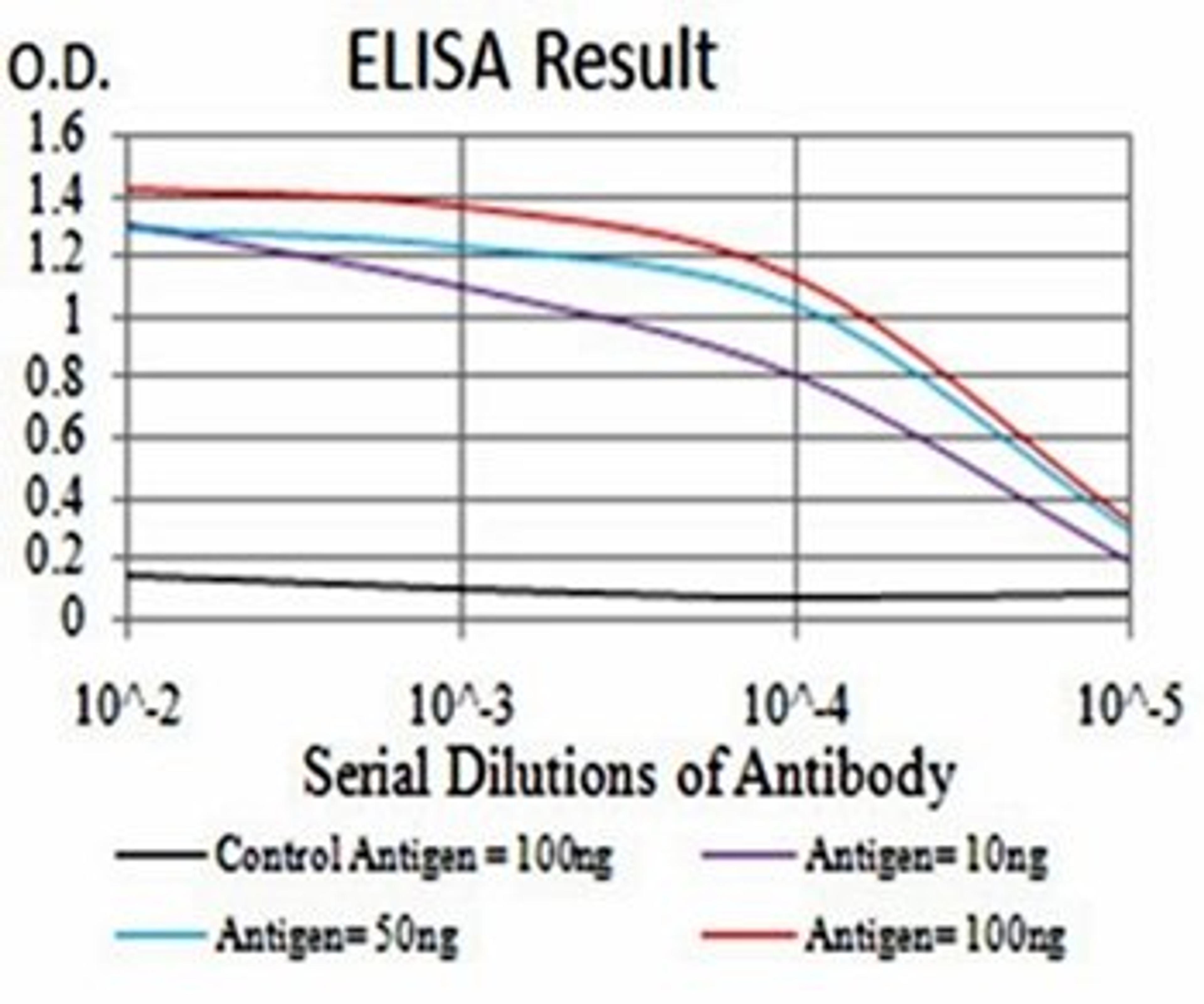 ELISA Black line: Control Antigen (100 ng); Purple line: Antigen(10ng); Blue line: Antigen (50 ng); Red line: Antigen (100 ng)