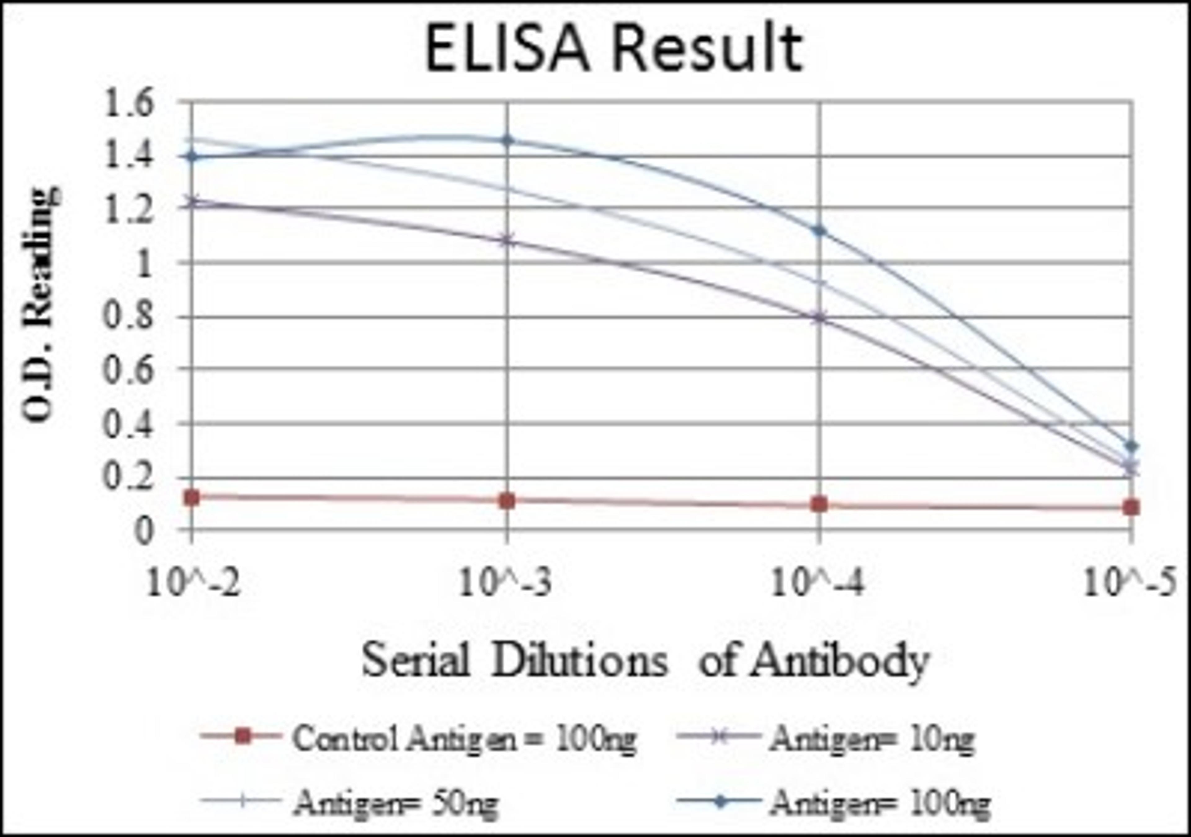 ELISA: Cdk5 Antibody (4E4) [NBP2-37602] - Red: Control Antigen (100ng); Purple: Antigen (10ng); Green: Antigen (50ng); Blue: Antigen (100ng);