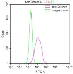 Overlay Peak curve showing HepG2 cells stained with CSB-RA153094A0HU (red line) at 1:50. The cells were fixed in 4% formaldehyde and permeated by 0.2% TritonX-100. Then 10% normal goat serum to block non-specific protein-protein interactions followed by the antibody (1µg/1*10<sup>6</sup>cells) for 45min at 4℃. The secondary antibody used was FITC-conjugated Goat Anti-rabbit IgG(H+L) at 1:200 dilution for 35min at 4℃.Control antibody (green line) was rabbit IgG (1µg/1*10<sup>6</sup>cells) used under the same conditions. Acquisition of >10,000 events was performed.