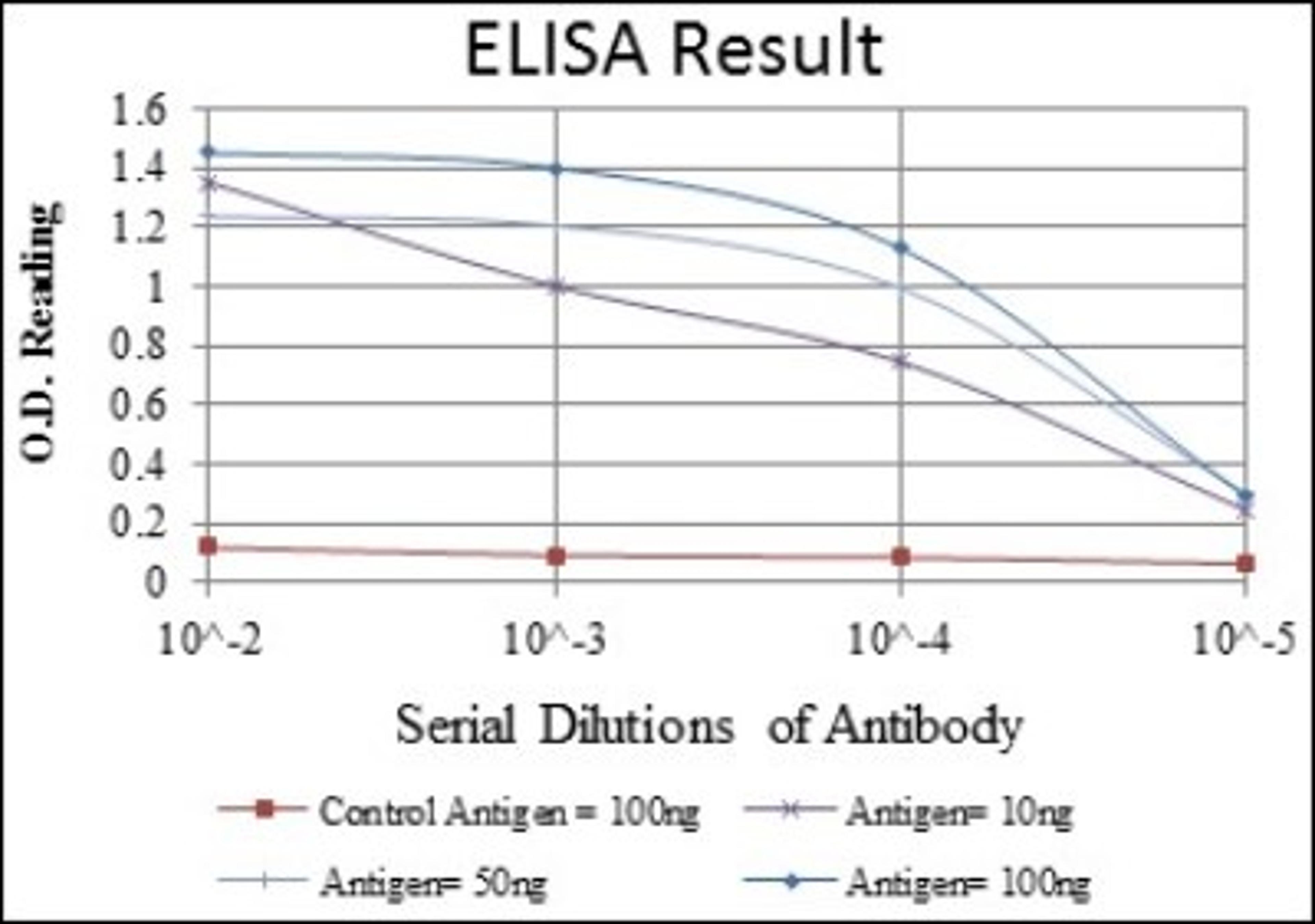 ELISA: Prohibitin Antibody (5H7) [NBP2-37563] - Red: Control Antigen (100ng); Purple: Antigen (10ng); Green: Antigen (50ng); Blue: Antigen (100ng);