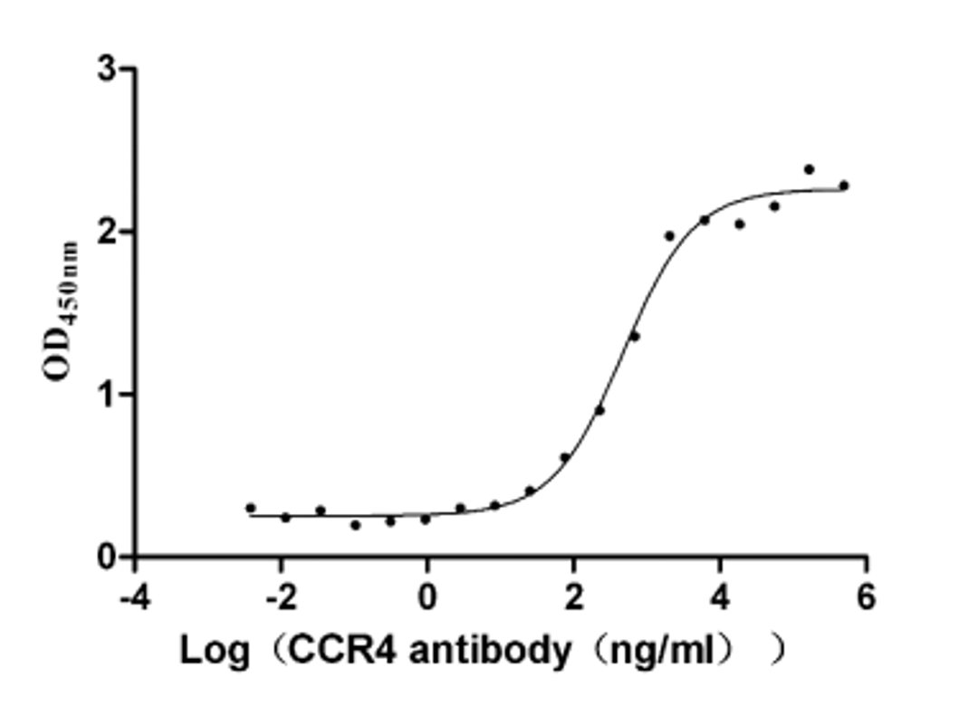 The Binding Activity of CCR4 with Anti-CCR4 Recombinant Antibody. Activity: Measured by its binding ability in a functional ELISA. Immobilized CCR4 (CSB-MP004843HU) at 10 μg/mL can bind Anti-CCR4 Recombinant Antibody, the EC<sub>50</sub> is 362.3-630.8 ng/mL.