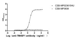 The Binding Activity of Human TM4SF1 with Anti-TM4SF1 recombinant antibody. Activity: Measured by its binding ability in a functional ELISA. Immobilized Human TM4SF1(CSB-MP023615HU) at 5 μg/mL can bind Anti-TM4SF1 recombinant antibody. the EC<sub>50</sub> is 4.079-4.472 ng/mL.. The VLPs (CSB-MP3838) is negative control.