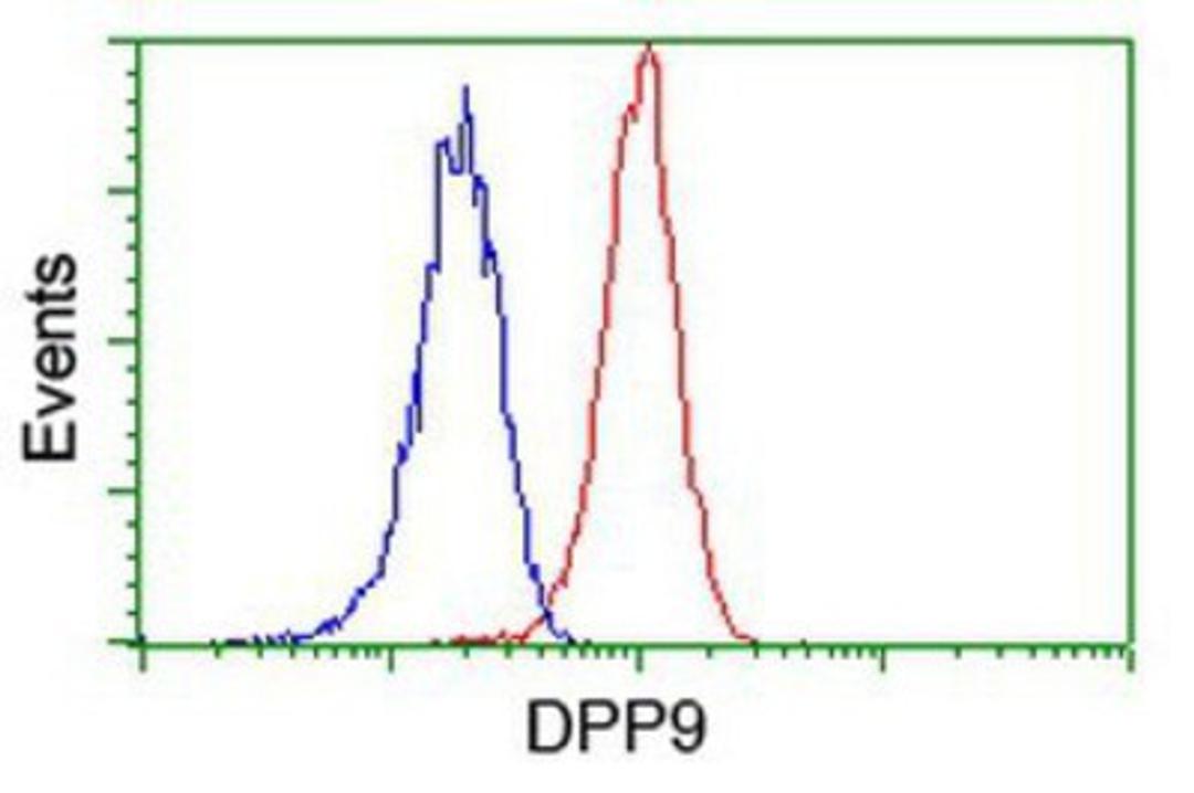 Flow Cytometry: DPP9 Antibody (2E3) [NBP2-01521] - Analysis of Jurkat cells, using anti-DPP9 antibody, (Red), compared to a nonspecific negative control antibody (Blue).