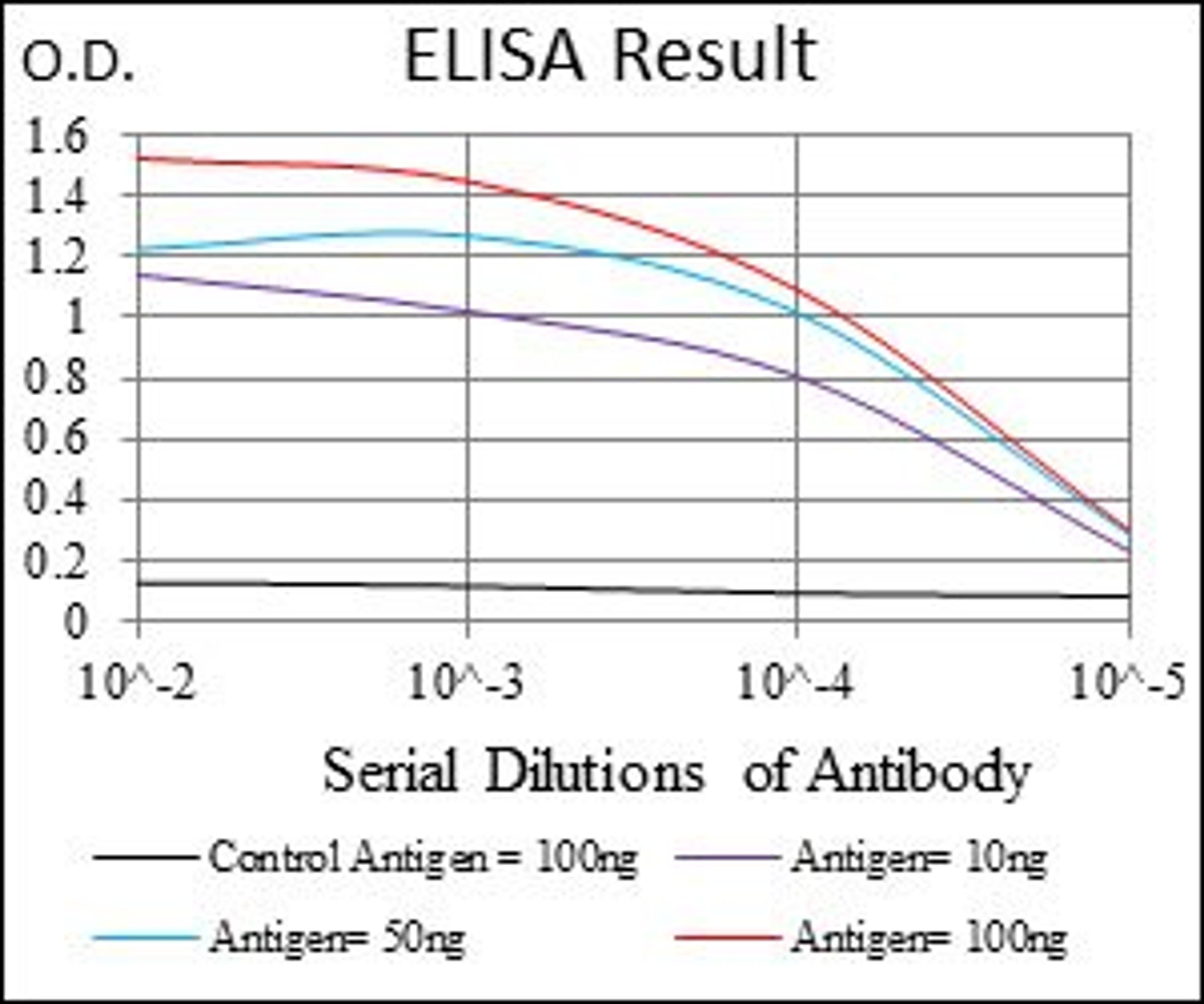 Line graph illustrates about the Ag-Ab reactions using different concentrations of antigen and serial dilutions of SLC27A2 antibody