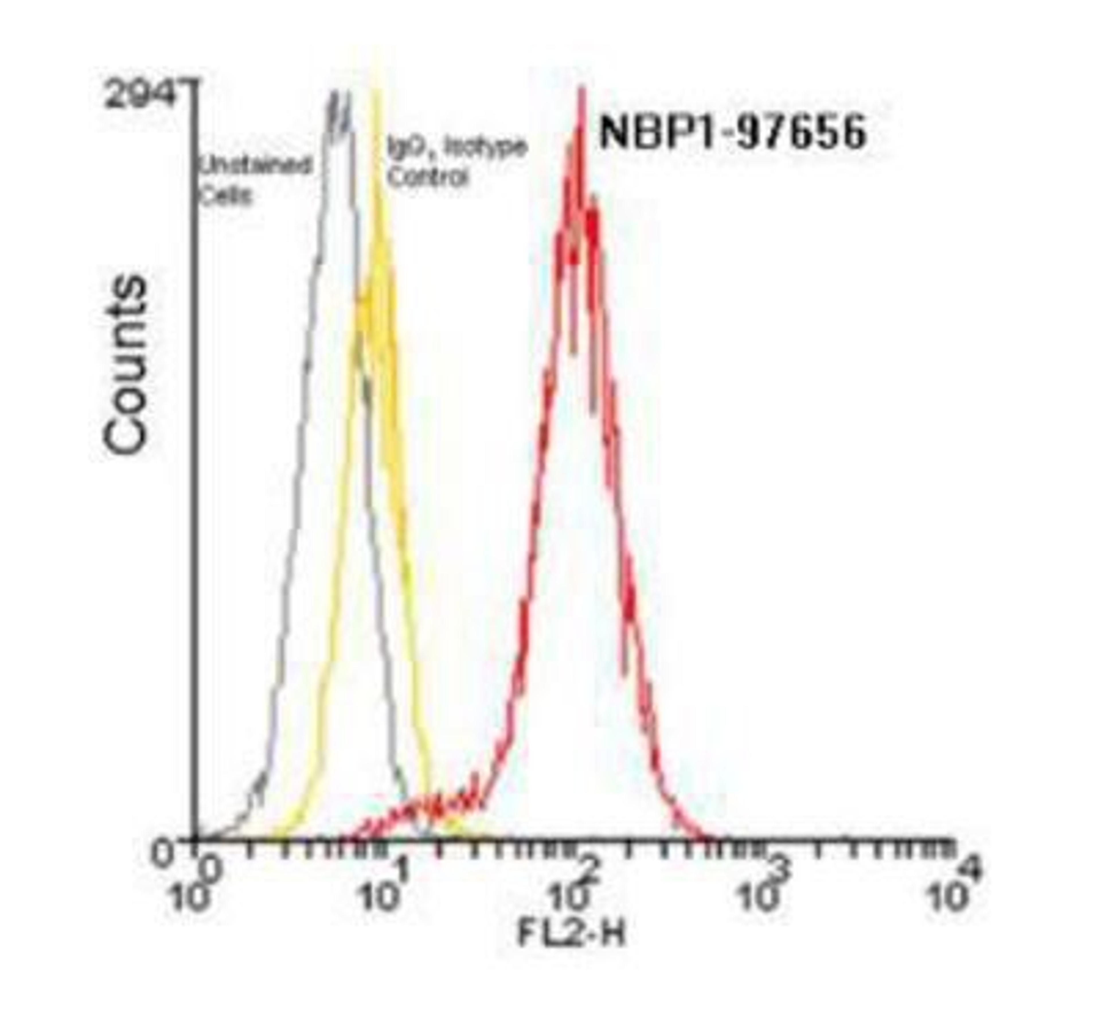 Flow Cytometry: BCMA/TNFRSF17 Antibody (Vicky-1) [NBP1-97637] - Analysis using the PE conjugate of NBP1-97637. Staining of 10^6 U266 cells using BCMA (human), mAb (Vicky-1) (PE conjugate) at a concentration of 10ug/ml.