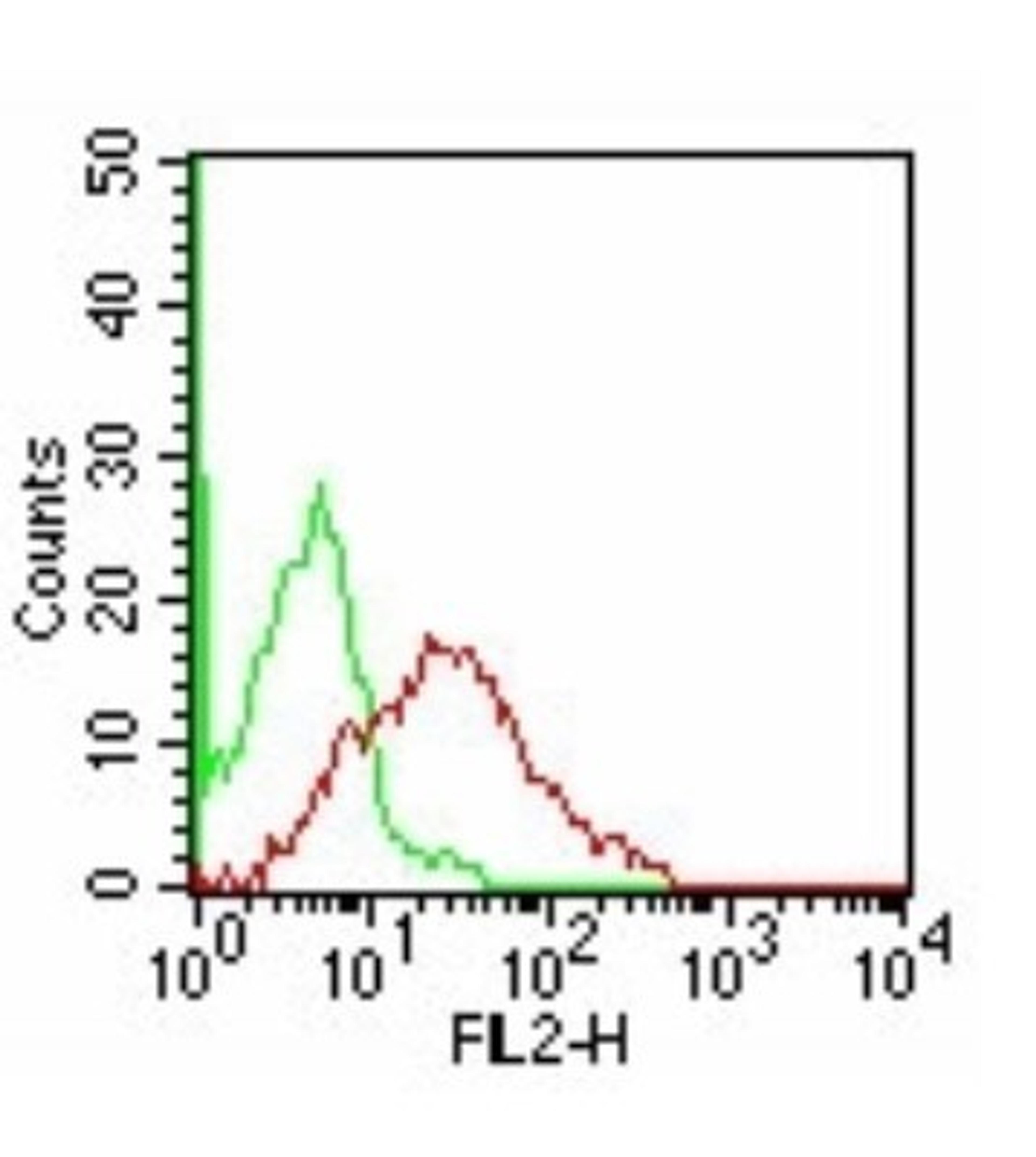 Flow (Cell Surface): TIM-3 Antibody (F38-2E2) [NBP2-27220] - Analysis using the PE conjugate of NBP2-27220. Staining of Con A stimulated human PBMCs with 10 ul of PE-conjugated human TIM-3 antibody (Red) and mouse IgG1 isotype control (Green)was used for this test (cells were not fixed for testing).