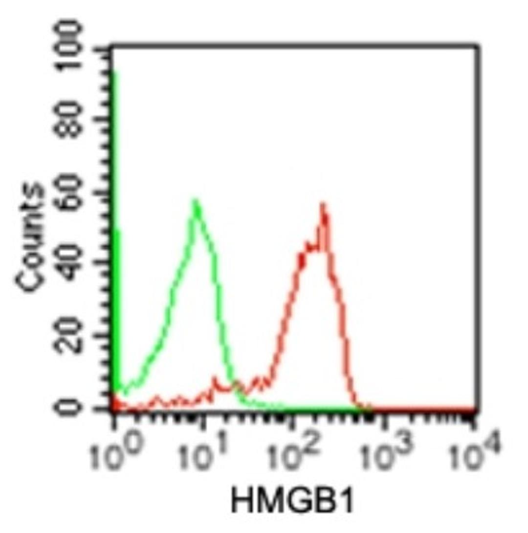 Flow Cytometry: HMGB1 Antibody (19N10B7) [NBP2-27396] - Intracellular analysis using HMGB1 antibody. Human Jurkat cells were probed using 0.5 ug of HMGB1 antibody (red) and 0.5 ug of isotype control antibody (green). this antibody was used for this test.