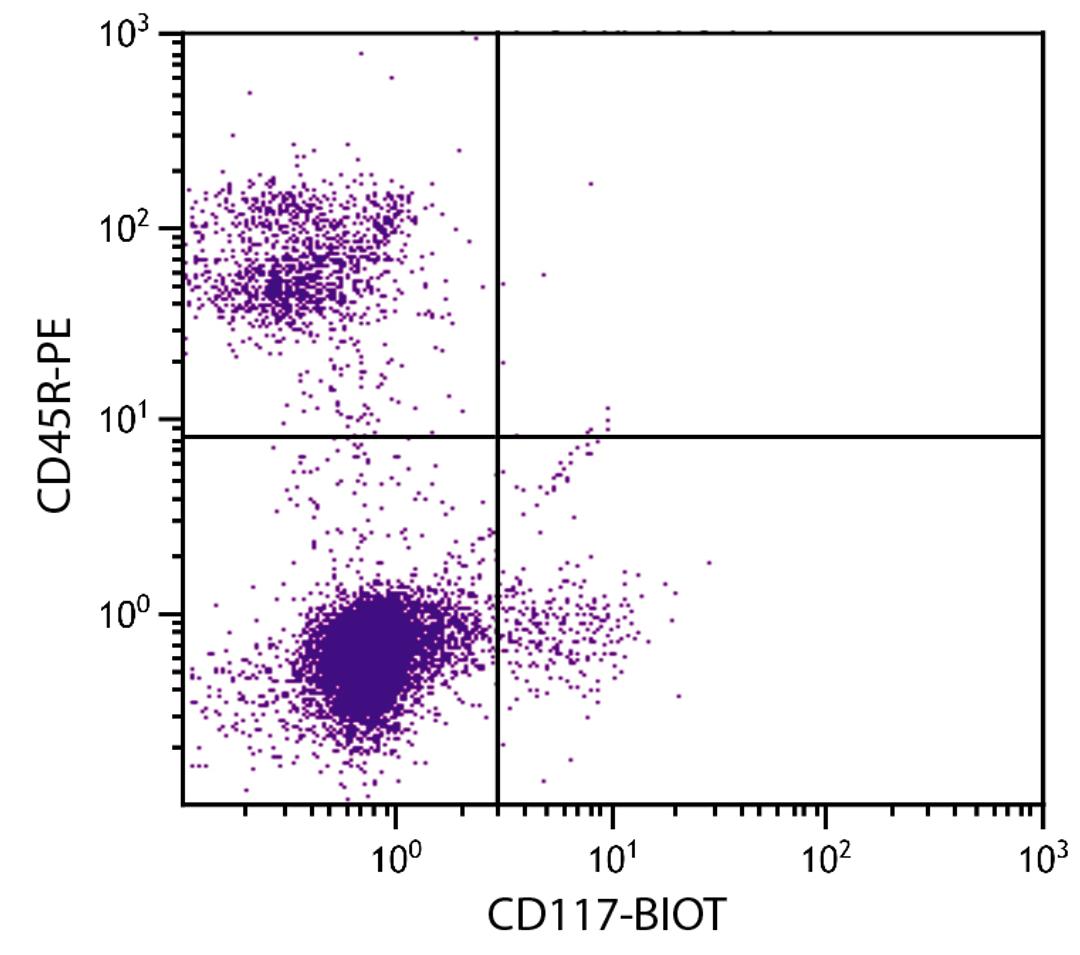 C57BL/6 mouse bone marrow cells were stained with Rat Anti-Mouse CD117-BIOT (Cat. No. 99-015) and Rat Anti-Mouse CD45R-PE followed by Streptavidin-FITC .