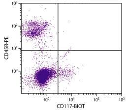 C57BL/6 mouse bone marrow cells were stained with Rat Anti-Mouse CD117-BIOT (Cat. No. 99-015) and Rat Anti-Mouse CD45R-PE followed by Streptavidin-FITC .