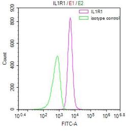 Overlay Peak curve showing NIH/3T3 cells stained with CSB-RA011621MA1HU (red line) at 1:50. Then 10% normal goat serum was Incubated to block non-specific protein-protein interactions followed by the antibody (1µg/1*10<sup>6</sup>cells) for 45 min at 4°C. The secondary antibody used was FITC-conjugated Goat Anti-Mouse IgG(H+L) at 1/200 dilution for 35 min at 4°C. Isotype control antibody (green line) was mouse IgG1 (1µg/1*10<sup>6</sup>cells) used under the same conditions. Acquisition of >10,000 events was performed.