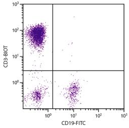 Human peripheral blood lymphocytes were stained with Mouse Anti-Human CD3-BIOT (Cat. No. 99-414) and Mouse Anti-Human CD19-FITC followed by Streptavidin-PE .