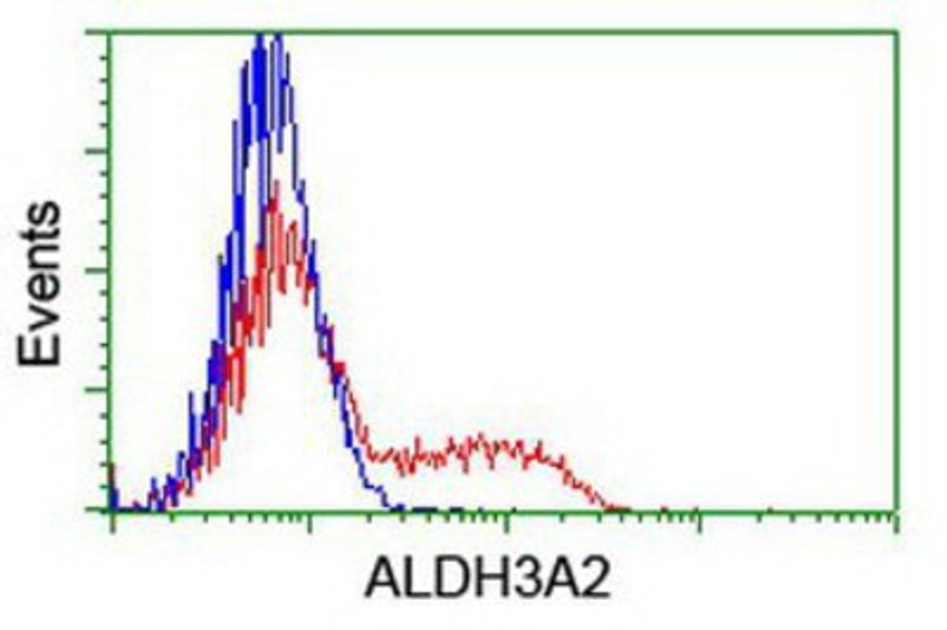 Flow Cytometry: FALDH Antibody (2A7) [NBP2-01017] - HEK293T cells transfected with either overexpression plasmid (Red) or empty vector control plasmid (Blue) were immunostained by anti-FALDH antibody, and then analyzed by flow cytometry.