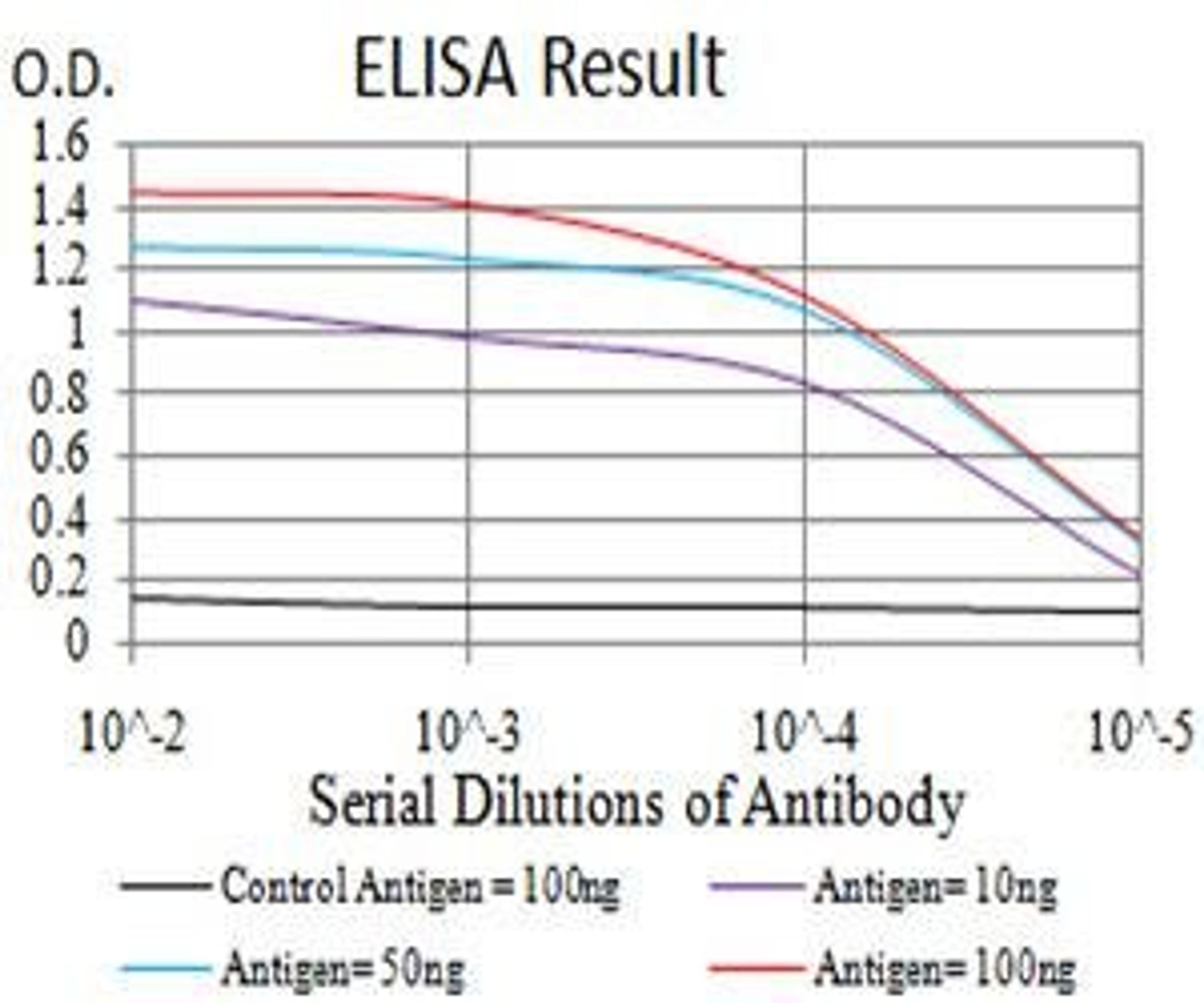 Line graph illustrates about the Ag-Ab reactions using different concentrations of antigen and serial dilutions of TRAF2 antibody