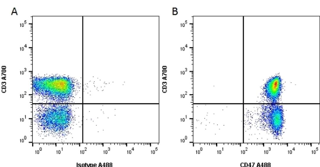 Figure A. Mouse anti Human CD3. Figure B. Mouse anti Human CD3 and Mouse anti Human CD47. 