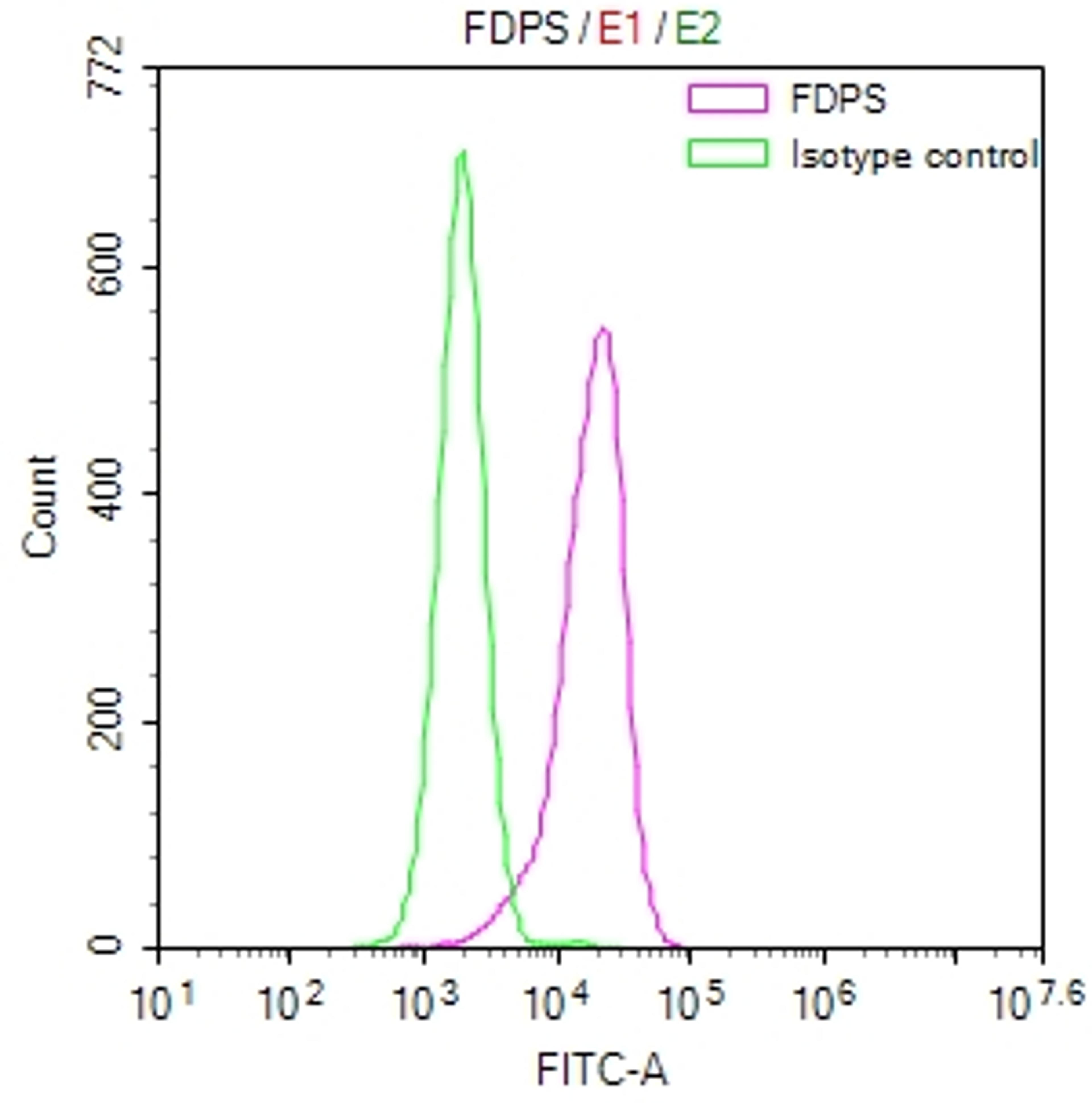 Overlay Peak curve showing HepG2 cells stained with CSB-RA029525A0HU (red line) at 1:50. The cells were fixed in 4% formaldehyde and permeated by 0.2% TritonX-100. Then 10% normal goat serum to block non-specific protein-protein interactions followed by the antibody (1µg/1*10<sup>6</sup>cells) for 45min at 4℃. The secondary antibody used was FITC-conjugated Goat Anti-rabbit IgG(H+L) at 1:200 dilution for 35min at 4℃.Control antibody (green line) was rabbit IgG (1µg/1*10<sup>6</sup>cells) used under the same conditions. Acquisition of >10,000 events was performed.