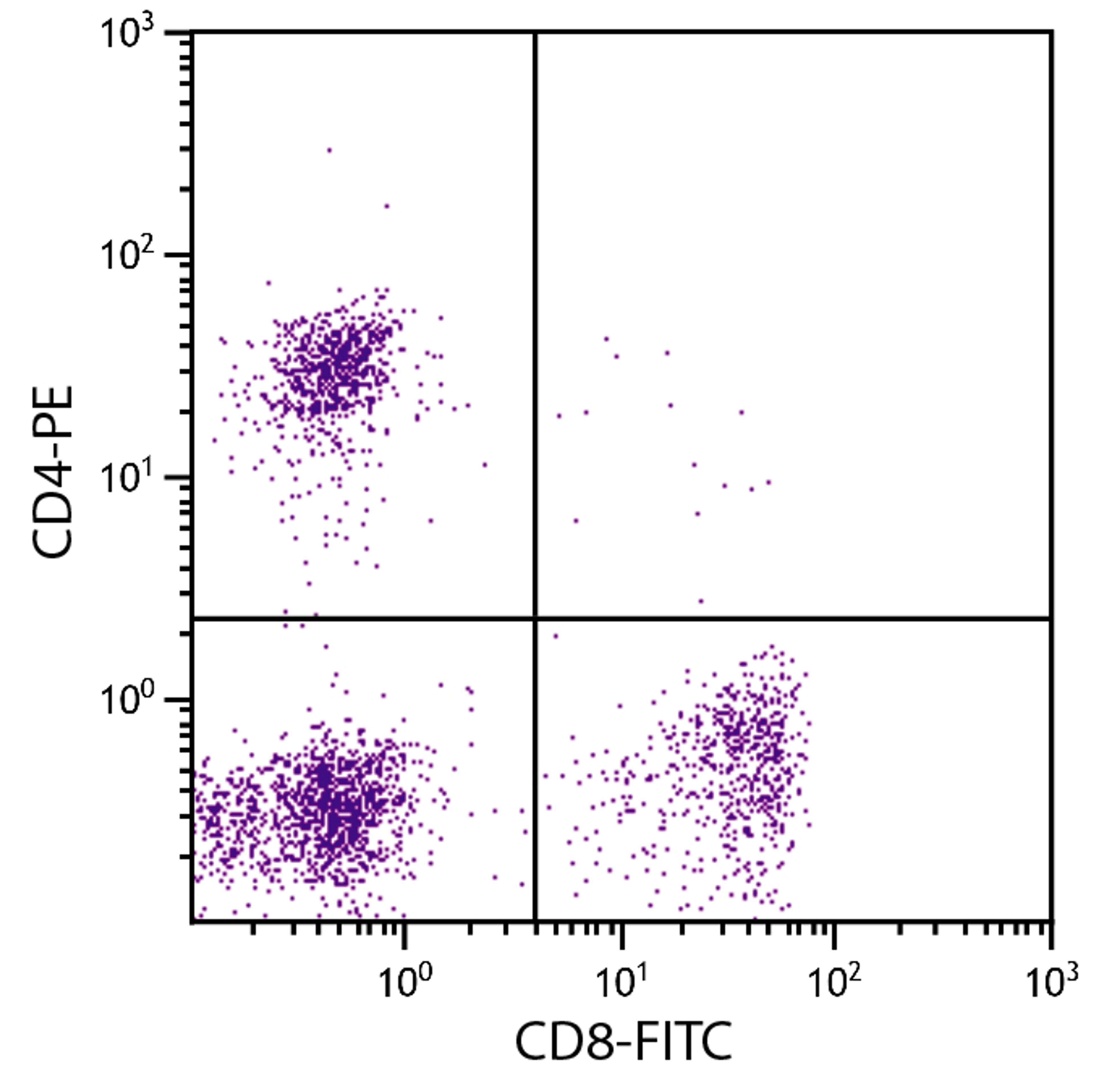 Feline peripheral blood lymphocytes were stained with Mouse Anti-Feline CD8-FITC (Cat. No. 99-194) and Mouse Anti-Feline CD4-PE .