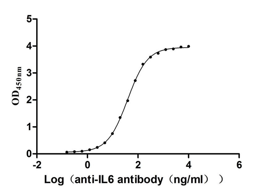 The Binding Activity of Human IL6 with Anti-IL6 Recombinant Antibody. Activity: Measured by its binding ability in a functional ELISA. Immobilized Human IL6 (CSB-YP011664HU) at 2 μg/mL can bind Anti-IL6 recombinant antibody. The EC<sub>50</sub> is 35.80-41.82 ng/mL.
