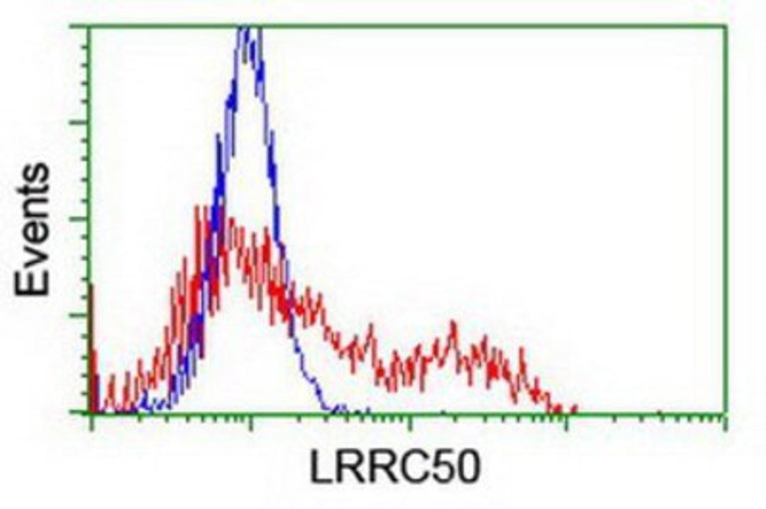 Flow Cytometry: LRRC50 Antibody (2C4) [NBP2-01936] - HEK293T cells transfected with either overexpression plasmid (Red) or empty vector control plasmid (Blue) were immunostained by anti-LRRC50 antibody, and then analyzed by flow cytometry.