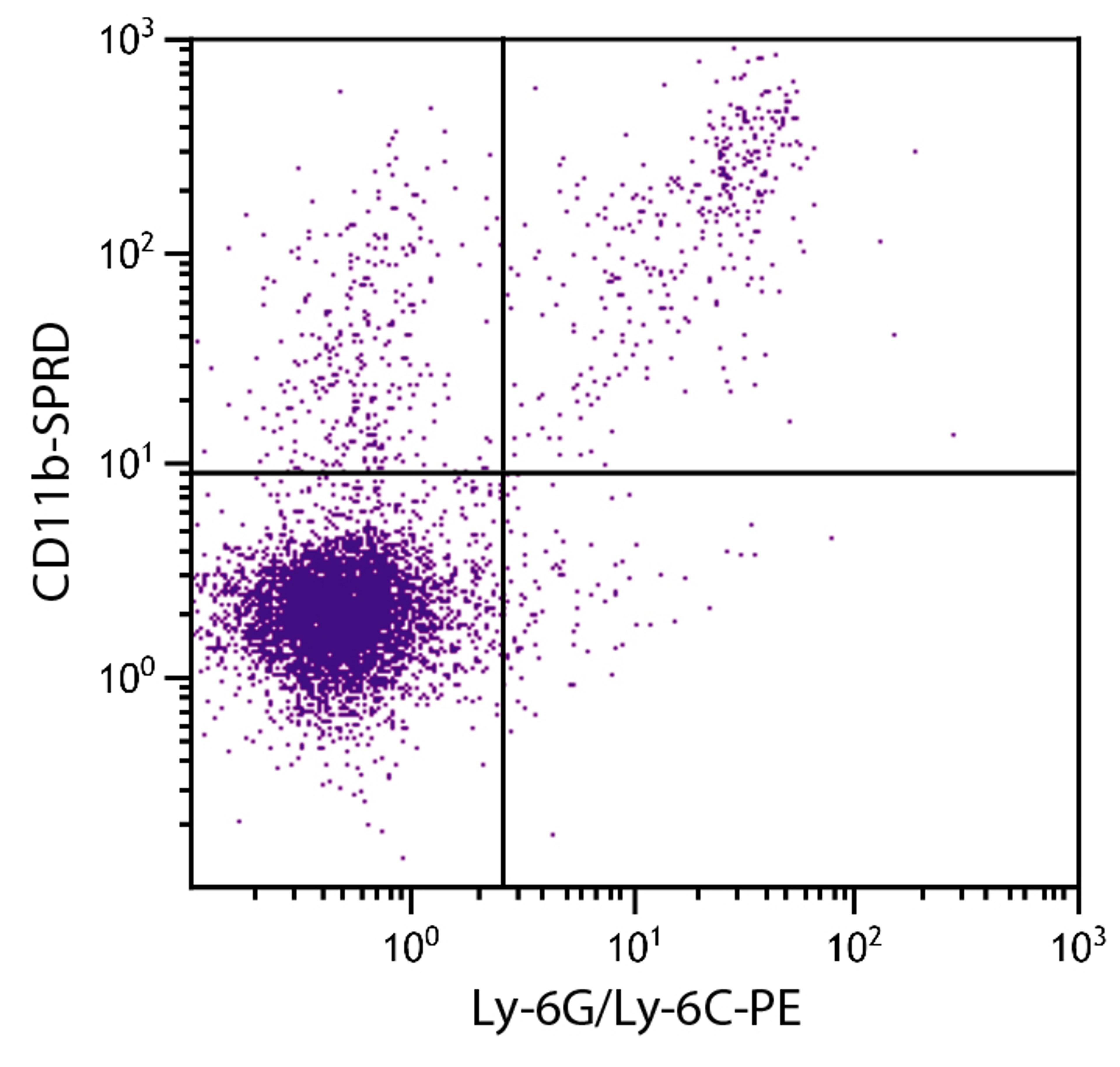 C57BL/6 mouse splenocytes were stained with Rat Anti-Mouse CD11b-SPRD (Cat. No. 98-637) and Rat Anti-Mouse Ly-6G/Ly-6C-PE .