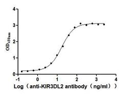 The Binding Activity of Human KIR3DL2 with Anti-KIR3DL2 Recombinant Antibody. Activity: Measured by its binding ability in a functional ELISA. Immobilized Human KIR3DL2(CSB-MP012365HU1) at 2 μg/mL can bind Anti-KIR3DL2 recombinant antibody , the EC<sub>50</sub> is 14.18-23.93 ng/mL.