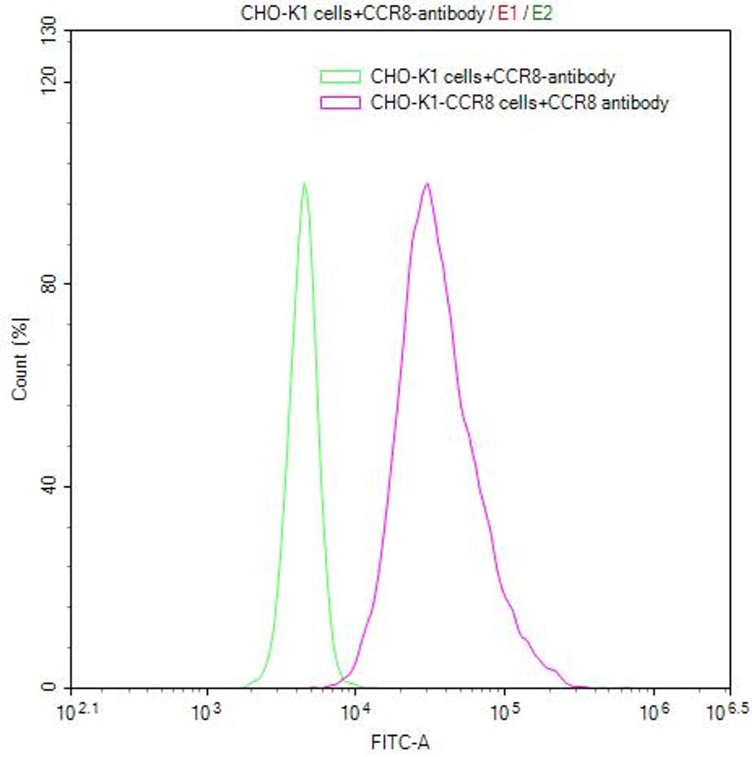 Untransfected CHO-K1 cells (green line) and transfected Human CCR8 CHO-K1 stable cells (red line) were stained with anti-CCR8 antibody (2µg/1*10<sup>6</sup>cells), washed and then followed by FITC-conjugated anti-Human IgG Fc antibody and analyzed with flow cytometry.