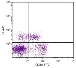 Porcine peripheral blood lymphocytes were stained with Mouse Anti-Porcine CD8?-FITC (Cat. No. 99-149) and Mouse Anti-Porcine CD4-PE .