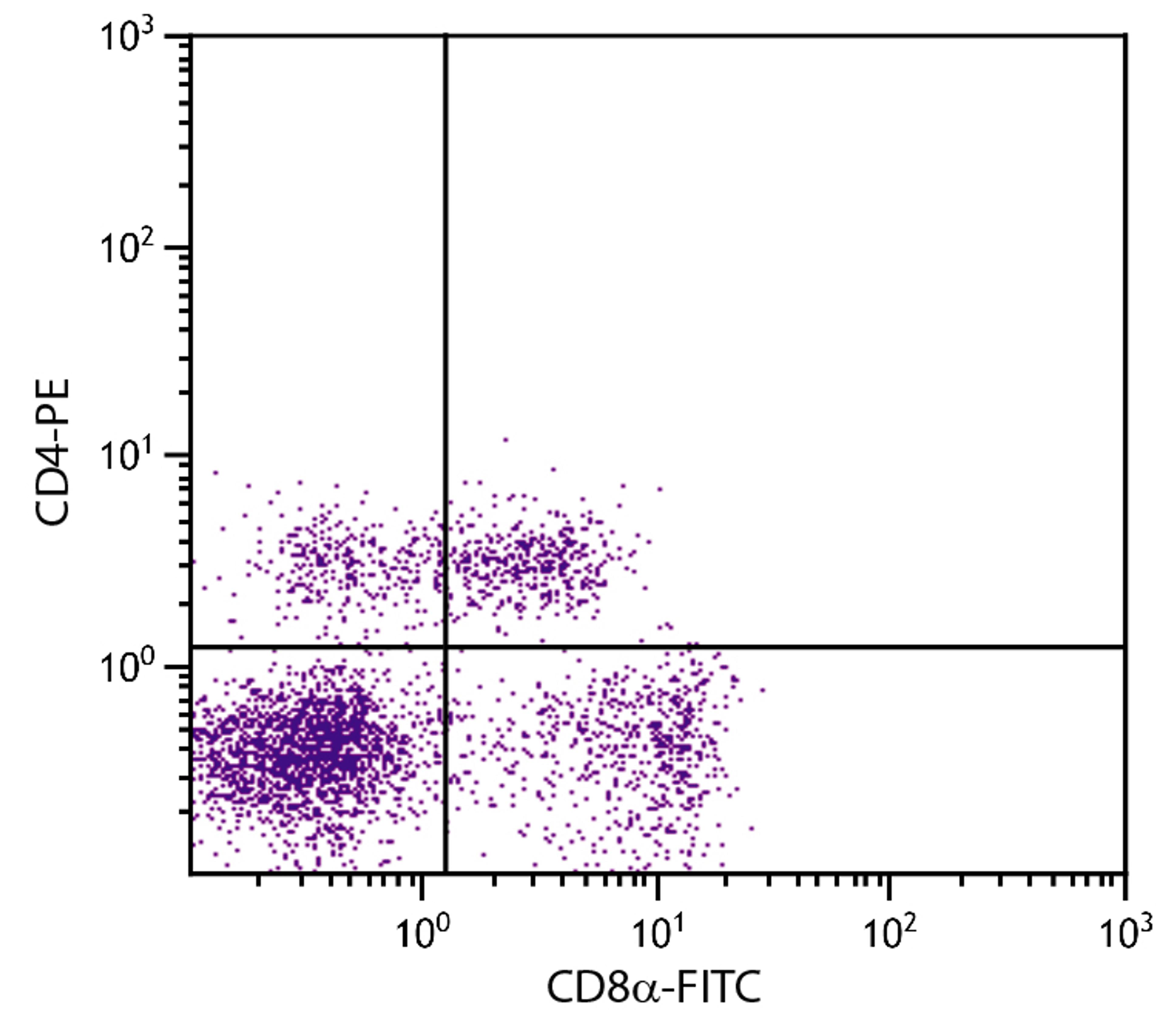 Porcine peripheral blood lymphocytes were stained with Mouse Anti-Porcine CD8?-FITC (Cat. No. 99-149) and Mouse Anti-Porcine CD4-PE .