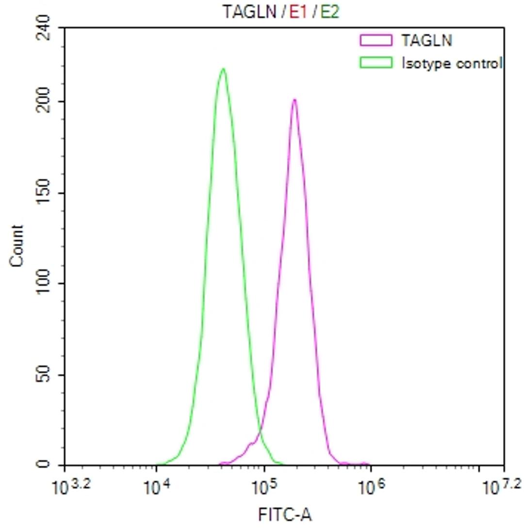 Overlay Peak curve showing Hela cells stained with CSB-RA023105MA1HU (red line) at 1:200. The cells were fixed in 4% formaldehyde and permeated by 0.2% TritonX-100. Then 10% normal goat serum to block non-specific protein-protein interactions followed by the antibody (1ug/1*10<sup>6</sup>cells) for 45min at 4℃. The secondary antibody used was FITC-conjugated Goat Anti-Mouse IgG(H+L) at 1:200 dilution for 35min at 4℃.Control antibody (green line) was mouse IgG (1ug/1*10<sup>6</sup>cells) used under the same conditions. Acquisition of >10,000 events was performed.