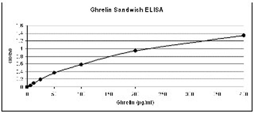 Ghrelin antibody (Cat. No. XG-6133) in Sandwich ELISA for analysis of active ghrelin. The antibody was coated on ELISA plate. Various concentrations of active ghrelin were incubated and detected with Ghrelin antibody (Cat. No. XG-6133) at a 1:1000 dilutio