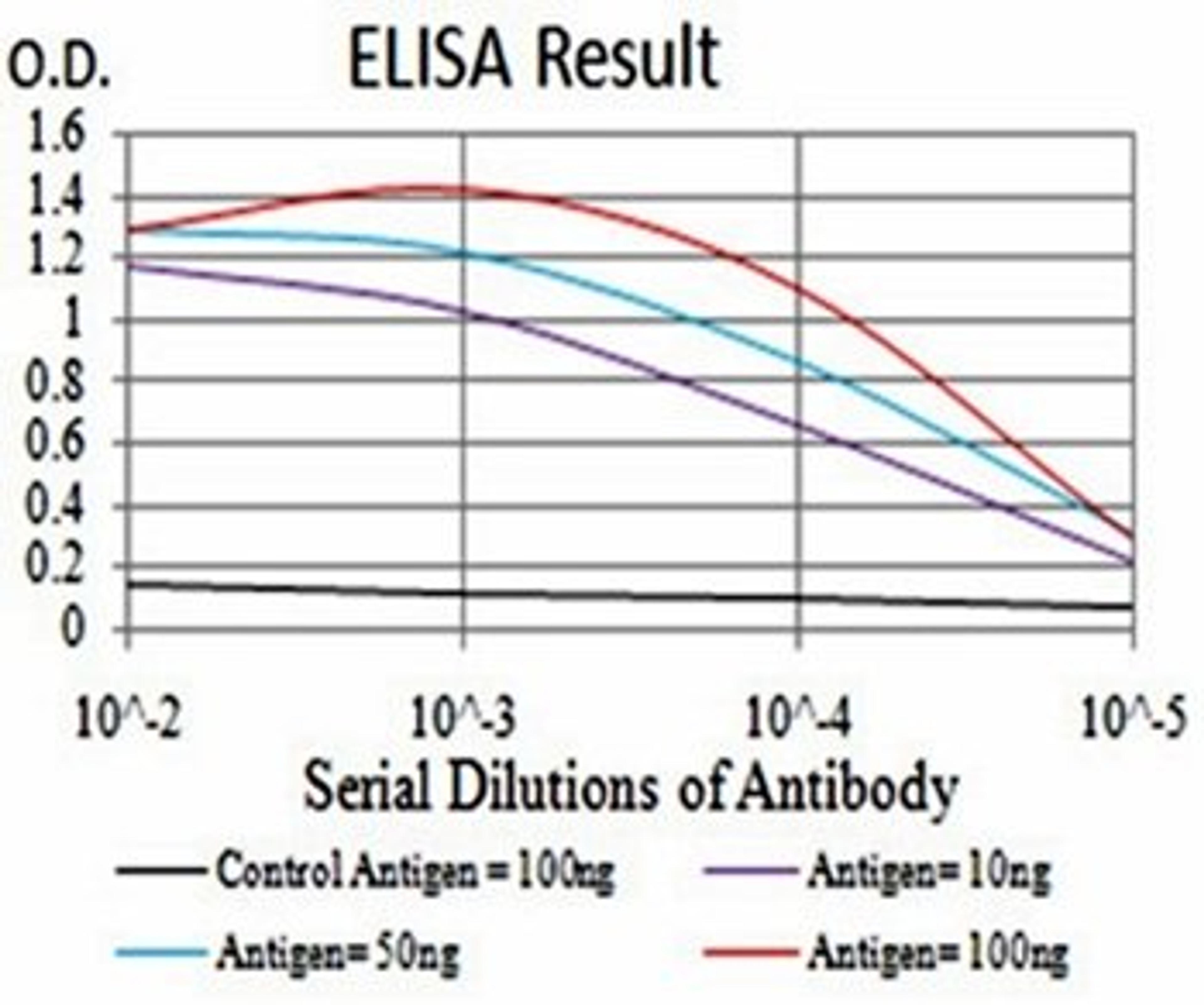 ELISA Black line: Control Antigen (100 ng);Purple line: Antigen (10ng); Blue line: Antigen (50 ng); Red line:Antigen (100 ng)