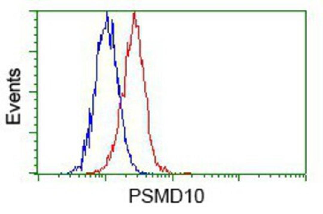 Flow Cytometry: PSMD10 Antibody (3F6) [NBP2-02199] - Analysis of Hela cells, using anti-PSMD10 antibody, (Red) compared to a nonspecific negative control antibody (Blue).