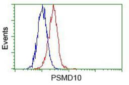 Flow Cytometry: PSMD10 Antibody (3F6) [NBP2-02199] - Analysis of Hela cells, using anti-PSMD10 antibody, (Red) compared to a nonspecific negative control antibody (Blue).