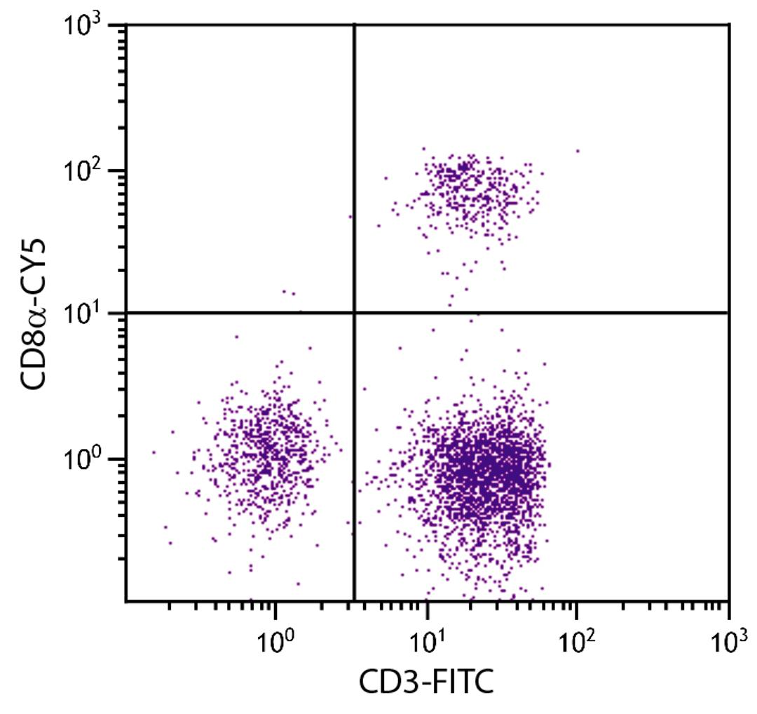 Chicken peripheral blood mononuclear cells were stained with Mouse Anti-Chicken CD8?-CY5 (Cat. No. 99-218) and Mouse Anti-Chicken CD3-FITC .