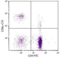 Chicken peripheral blood mononuclear cells were stained with Mouse Anti-Chicken CD8?-CY5 (Cat. No. 99-324) and Mouse Anti-Chicken CD4-FITC .