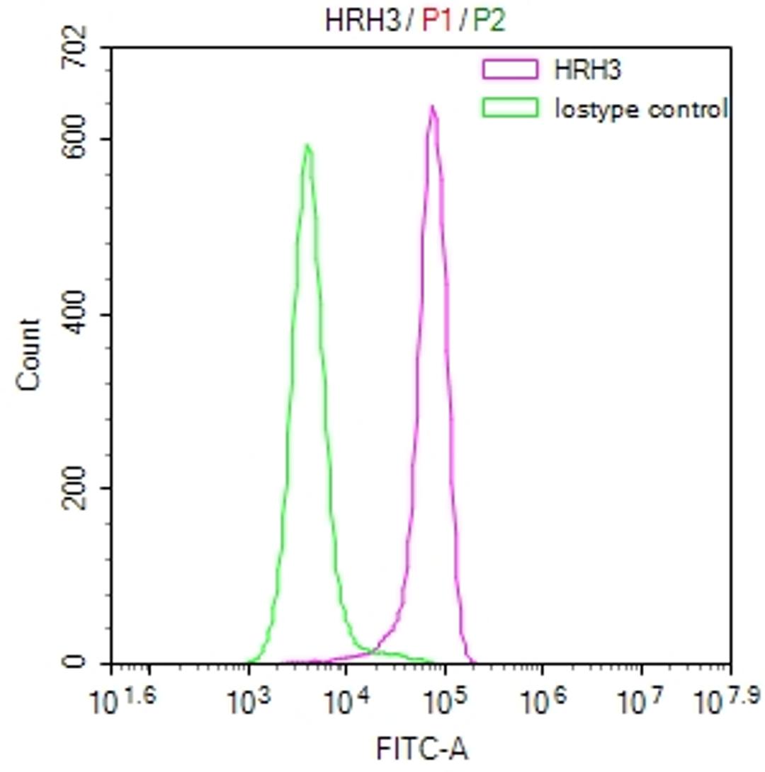 Overlay Peak curve showing SH-SY5Y cells stained with CSB-RA783626A0HU (red line) at 1:50. The cells were fixed in 4% formaldehyde and permeated by 0.2% TritonX-100. Then 10% normal goat serum to block non-specific protein-protein interactions followed by the antibody (1µg/1*10<sup>6</sup>cells) for 45min at 4℃. The secondary antibody used was FITC-conjugated Goat Anti-rabbit IgG(H+L) at 1:200 dilution for 35min at 4℃.Control antibody (green line) was rabbit IgG (1µg/1*10<sup>6</sup>cells) used under the same conditions. Acquisition of >10,000 events was performed.