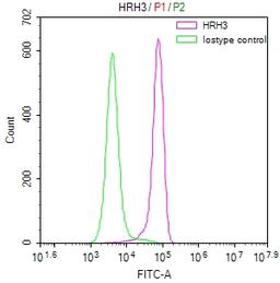 Overlay Peak curve showing SH-SY5Y cells stained with CSB-RA783626A0HU (red line) at 1:50. The cells were fixed in 4% formaldehyde and permeated by 0.2% TritonX-100. Then 10% normal goat serum to block non-specific protein-protein interactions followed by the antibody (1µg/1*10<sup>6</sup>cells) for 45min at 4℃. The secondary antibody used was FITC-conjugated Goat Anti-rabbit IgG(H+L) at 1:200 dilution for 35min at 4℃.Control antibody (green line) was rabbit IgG (1µg/1*10<sup>6</sup>cells) used under the same conditions. Acquisition of >10,000 events was performed.