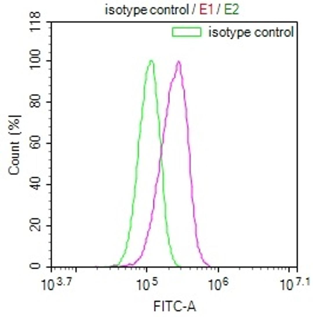 Overlay Peak curve showing HepG2 cells stained with CSB-RA993143A0HU (red line) at 1:100. The cells were fixed in 4% formaldehyde and permeated by 0.2% TritonX-100. Then 10% normal goat serum to block non-specific protein-protein interactions followed by the antibody (1ug/1*10<sup>6</sup>cells) for 45min at 4℃. The secondary antibody used was FITC-conjugated Goat Anti-rabbit IgG(H+L) at 1:200 dilution for 35min at 4℃.Control antibody (green line) was rabbit IgG (1ug/1*10<sup>6</sup>cells) used under the same conditions. Acquisition of >10,000 events was performed.