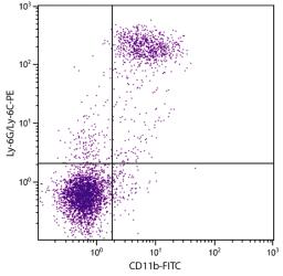 BALB/c mouse splenocytes were stained with Rat Anti-Mouse CD11b-FITC (Cat. No. 98-633) and Rat Anti-Mouse Ly-6G/Ly-6C-PE .