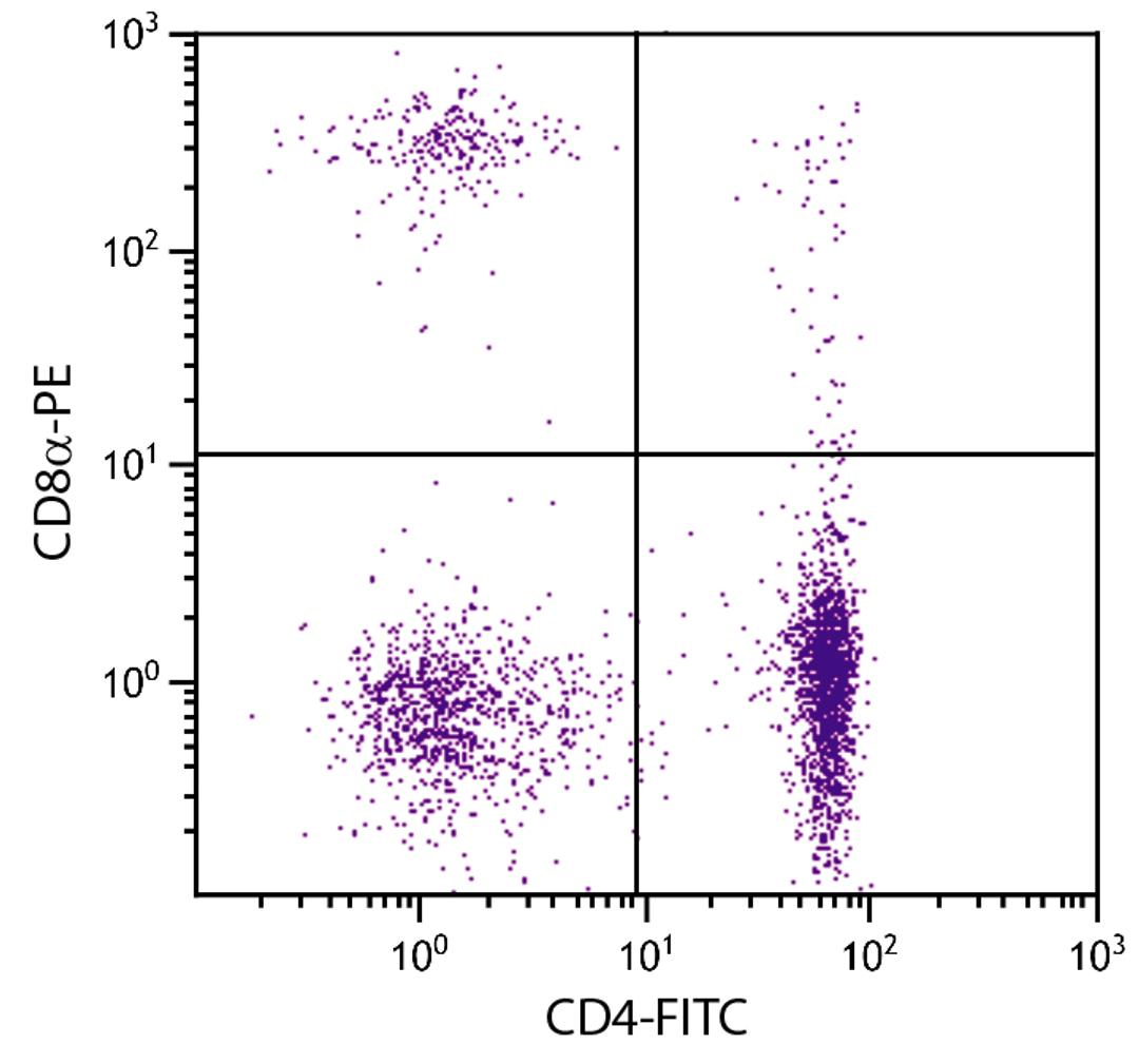 Chicken peripheral blood mononuclear cells were stained with Mouse Anti-Chicken CD8?-PE (Cat. No. 99-215) and Mouse Anti-Chicken CD4-FITC .