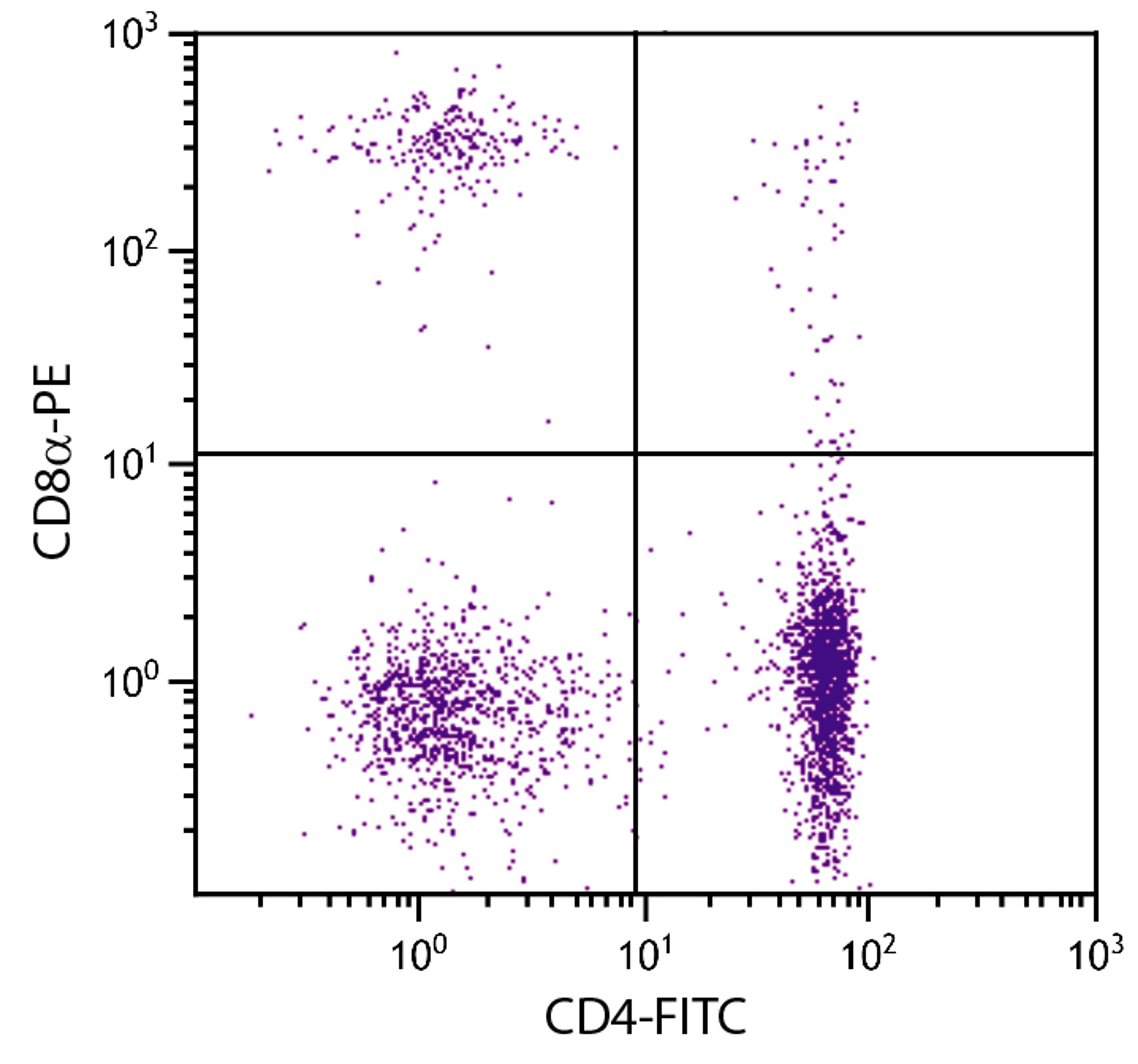 Chicken peripheral blood mononuclear cells were stained with Mouse Anti-Chicken CD8?-PE (Cat. No. 99-215) and Mouse Anti-Chicken CD4-FITC .