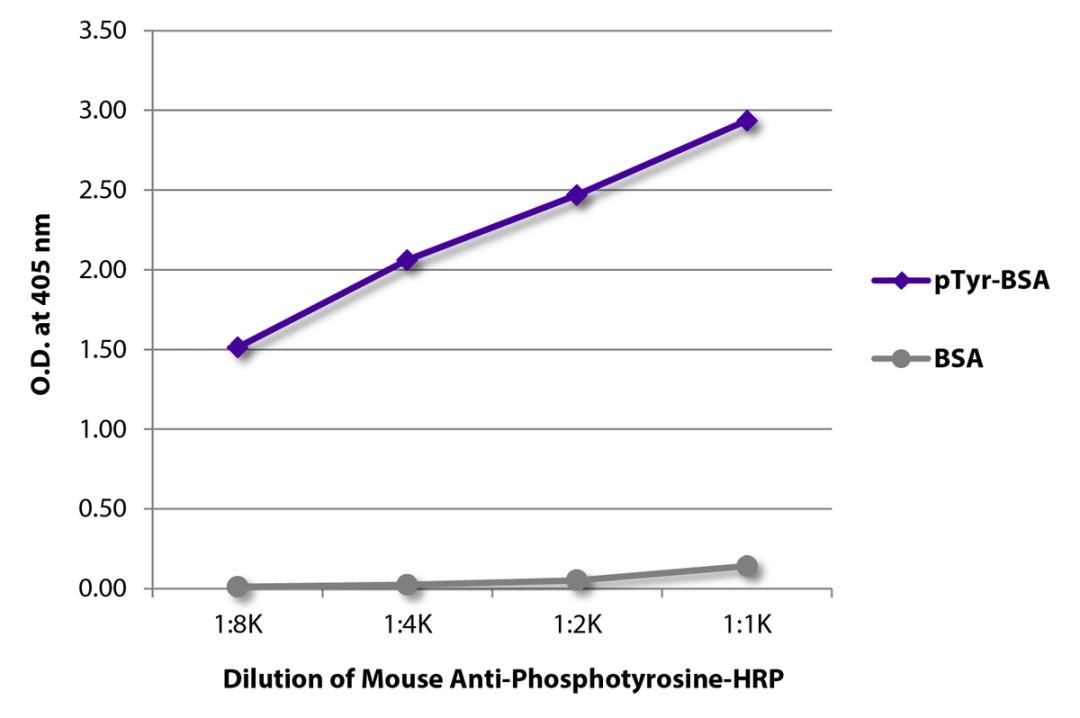 ELISA plate was coated with BSA and BSA conjugated to phosphotyrosine (pTry-BSA). Phosphotyrosine was detected with serially diluted Mouse Anti-Human Phosphotyrosine-HRP (Cat. No. 98-516).